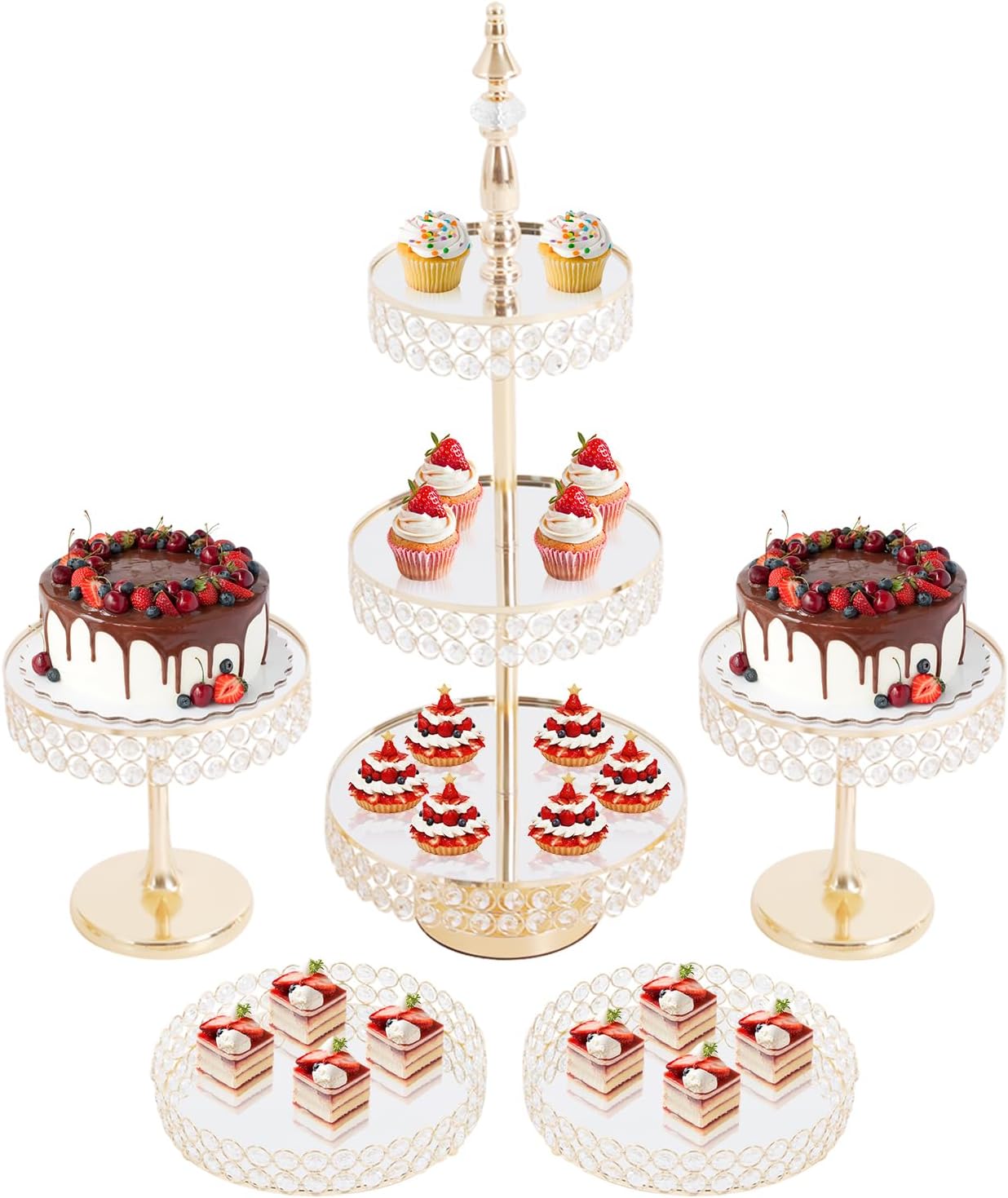 5-Piece Cake Stand Set, Iron & Glass Dessert Display Stands with Crystal Beads, 2 Round Trays + 2 Single Stands + 3-Tier Stand for Wedding, Birthday, Party, Bakery – Gold