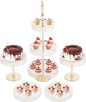 Crystal Cake Stand Set 5Pcs Dessert Table Display with Mirror Top & 3-Tier Tower, Metal Cake Stands for Wedding, Party, Candy Table Gold