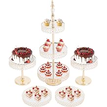 Crystal Cake Stand Set 5Pcs Dessert Table Display with Mirror Top & 3-Tier Tower, Metal Cake Stands for Wedding, Party, Candy Table Gold