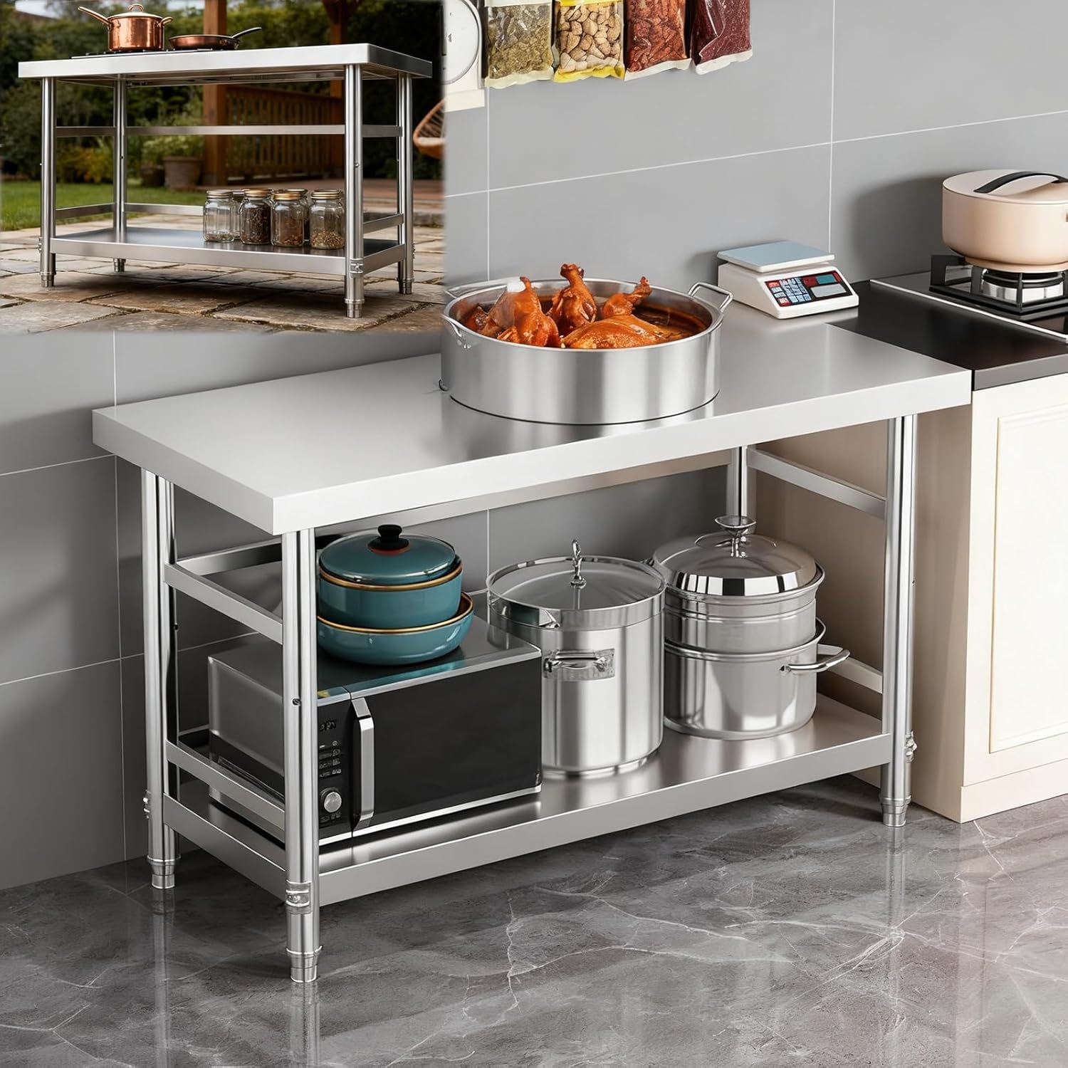 Stainless Steel Guardrail Workbench Kitchen Countertop Cutting Board Open Double-Tier Storage Rack Worktable Adjustable Feet for Restaurant Metal Food Preparation Stations(80x40x80cm/31.5x15.7x31.5”)