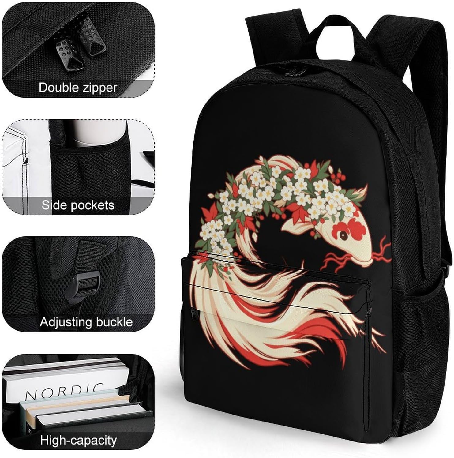 Floral Fish Backpack Lightweight Backpacks Work Bag