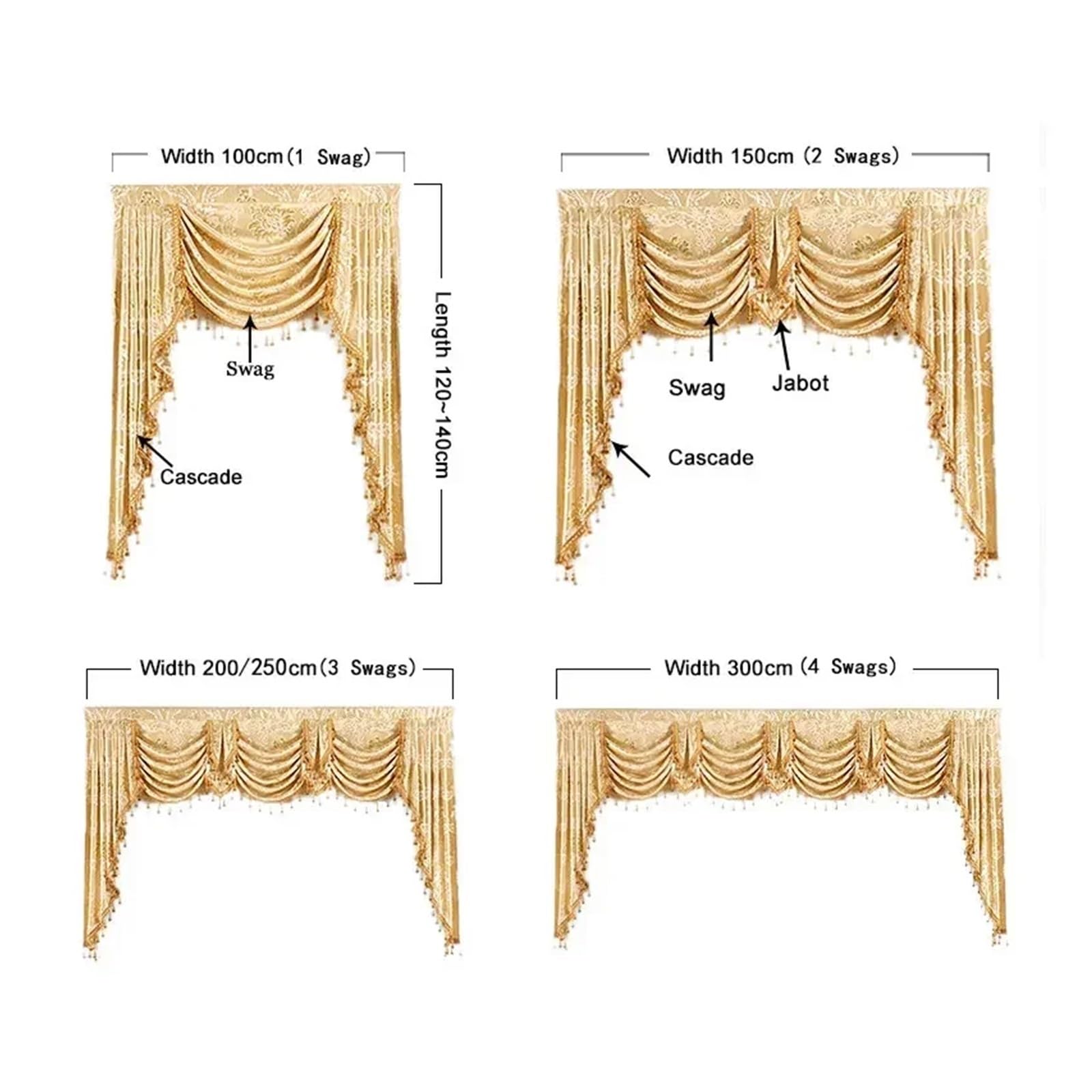 Cantonnière À Franges Rideaux for Salon, Chambre à Coucher, Salle à Manger, cantonnière de Luxe Royal, fenêtre Swag, Support d'arrière-Plan de Mariage(Gold,Rod Pocket_600CM Width)