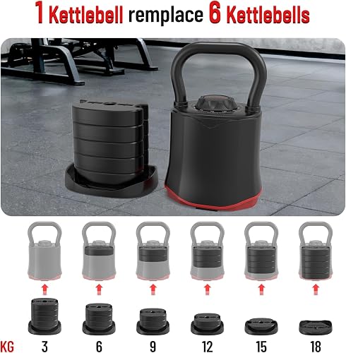 HXD-ERGO Kettlebell regolabile 6 in 1 (3 – 18 kg), peso a cambio rapido, impugnatura larga, bilanciere compatto per la casa e la palestra - 3
