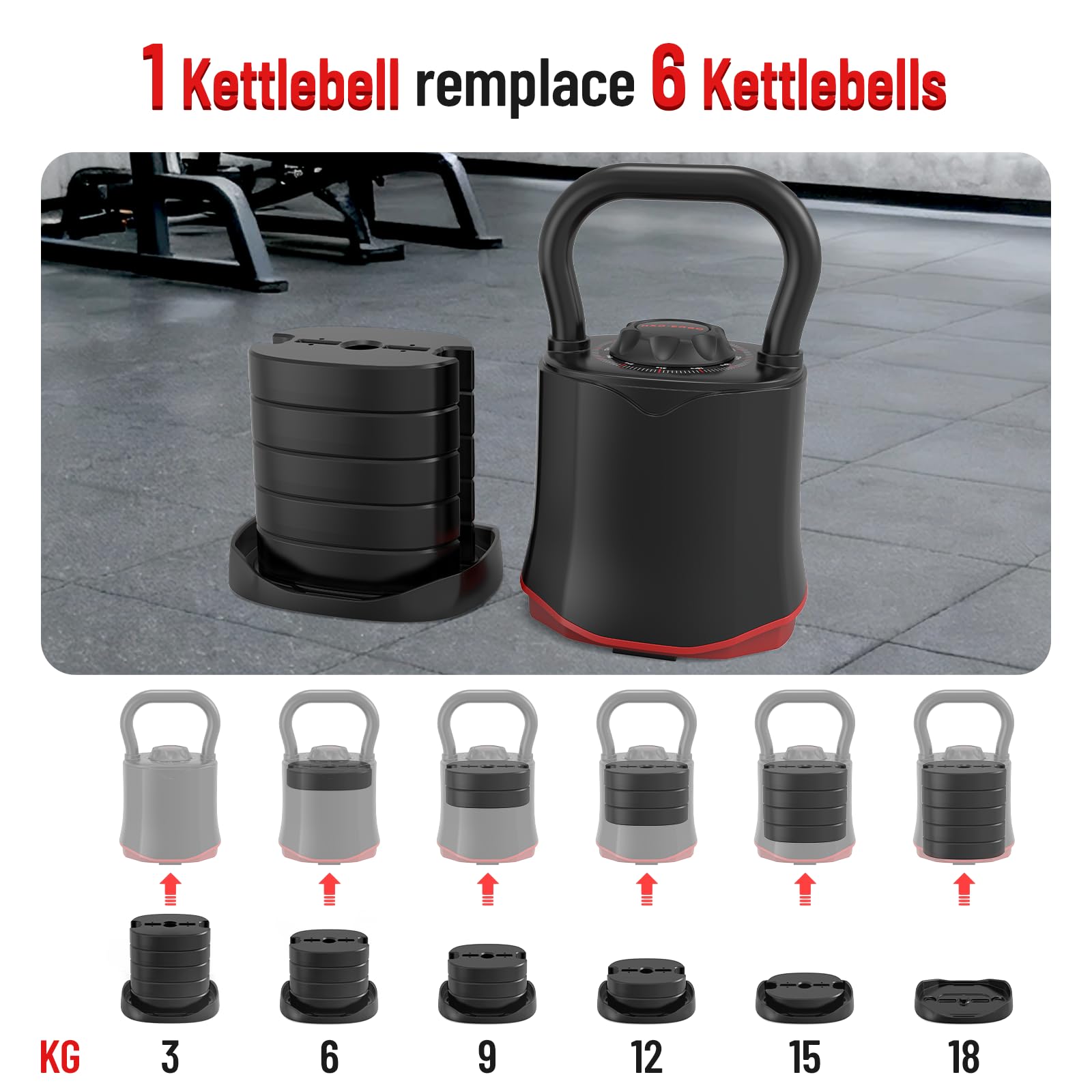 HXD-ERGO Kettlebell Ajustable 6-en-1 (3–18 kg), Poids Réglable Rapide, Large Poignée Ergonomique, Kettlebell Compacte pour Entraînement à Domicile