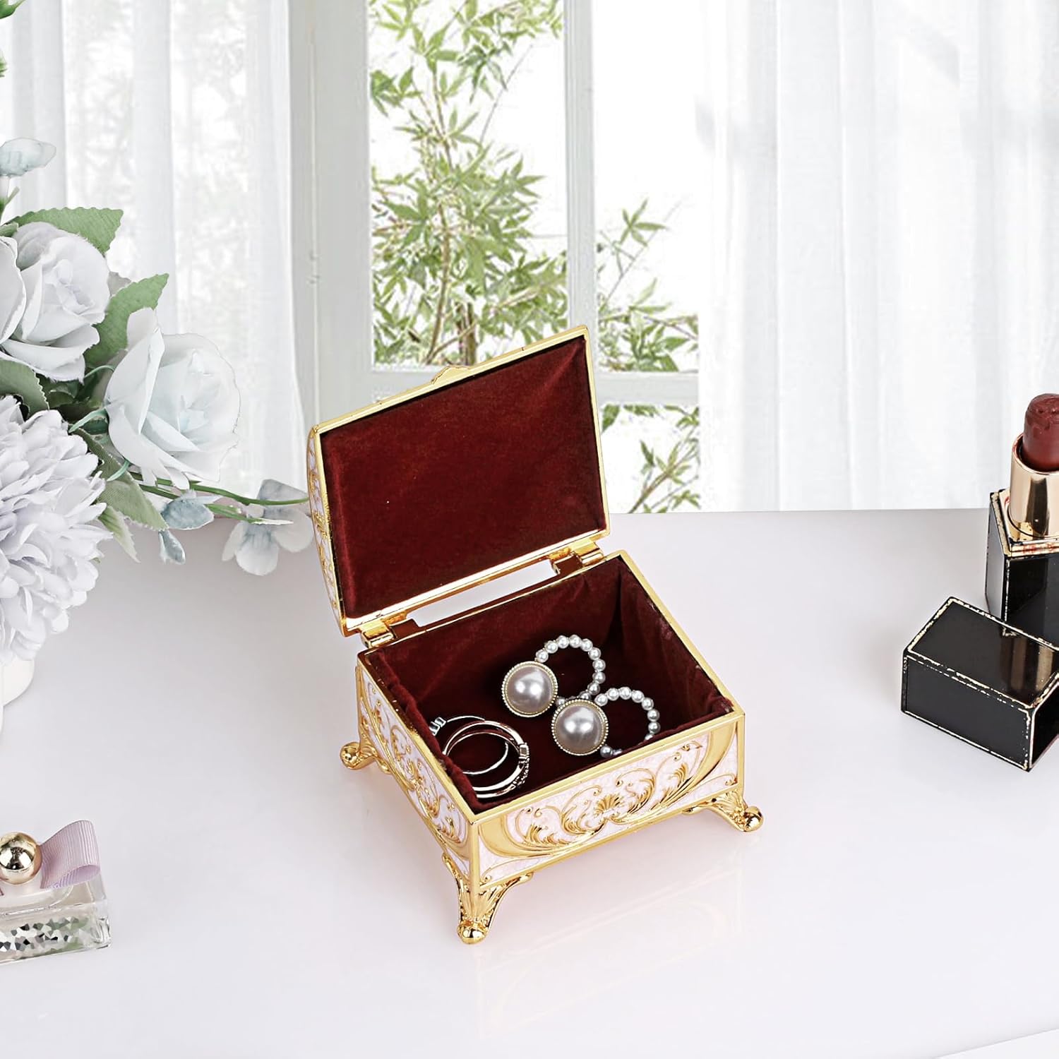 Hipiwe Metal Jewelry Storage Box Treasure Organizer Decorative Sparkling Enameled Keepsake Ring Holder Box Gift for Women, Beige - Image 2