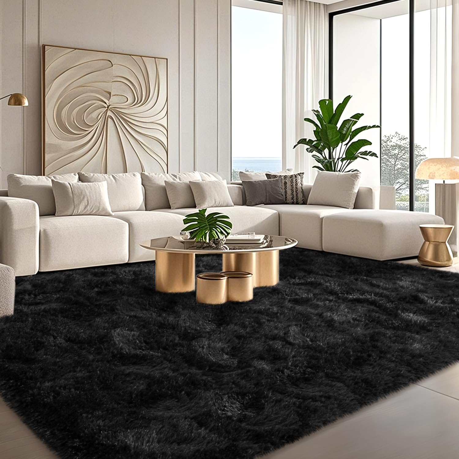 Large Black Fluffy Rugs for Living Room 8x10 ft - Ultra Soft Faux Fur Area Rug - Plush