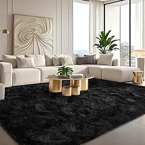Black Rugs for Bedroom 9x12 ft Large - Ultra Soft Faux Fur Area Rug - Plush Non-Slip Shaggy Carpet for Living Room, Cozy Fluffy Rug for Kids Boys Girls Dorm Nursery Room, High Pile Floor Carpet