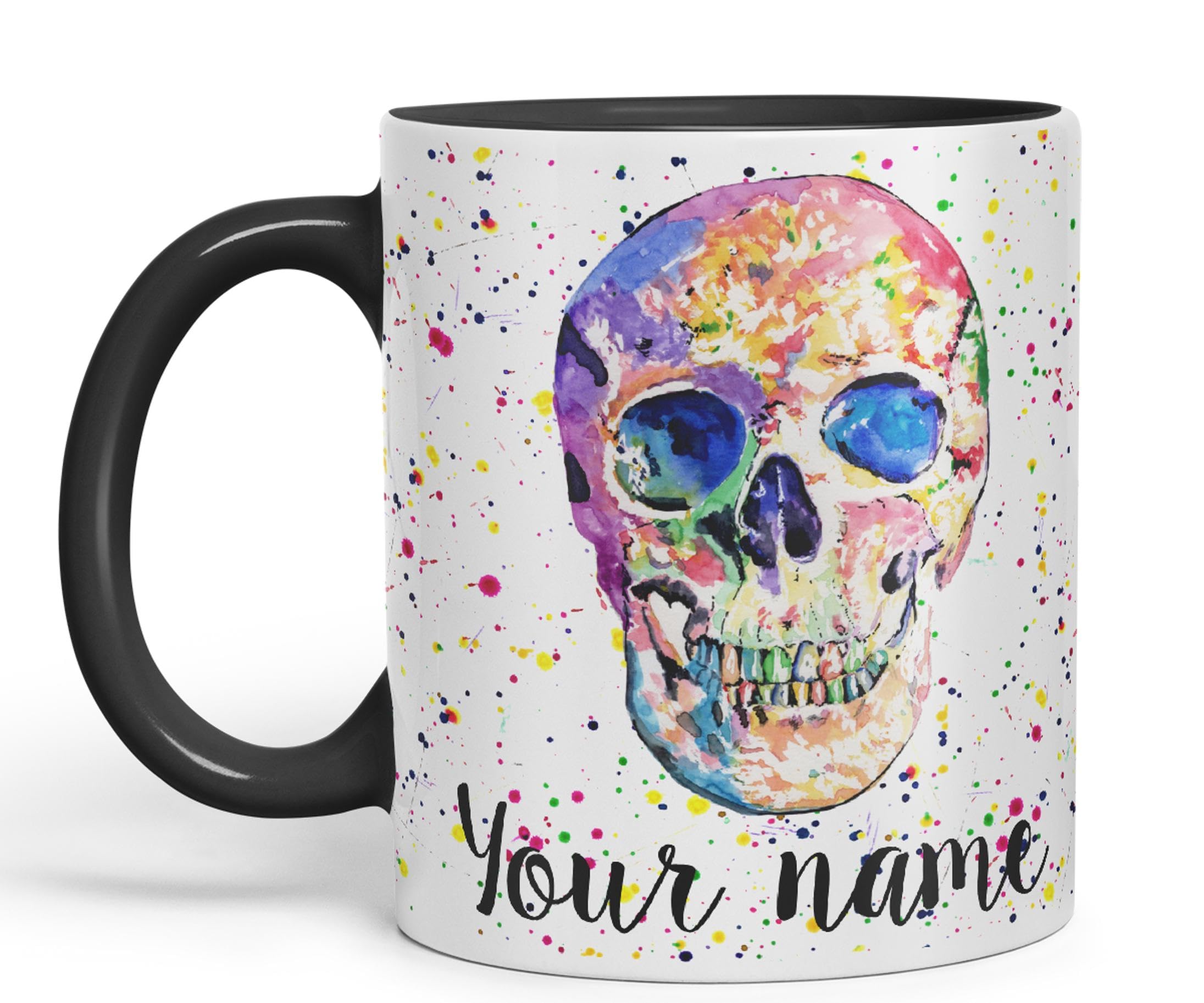 Vixar Personalised with Your Text Skull Front Art Coloured Ceramic Mug Cup Gift 330ml 11oz Custom Work Office Tea Coffee (Black)