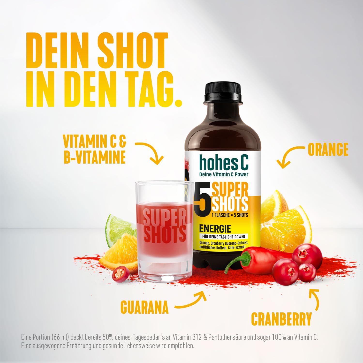 hohes C Super Shots Geschenkset: 1x Immun 330ml + 1x Energie 330ml + Shotglas, Orange, Mango, Ingwer, Cranberry, Guarana, Chili