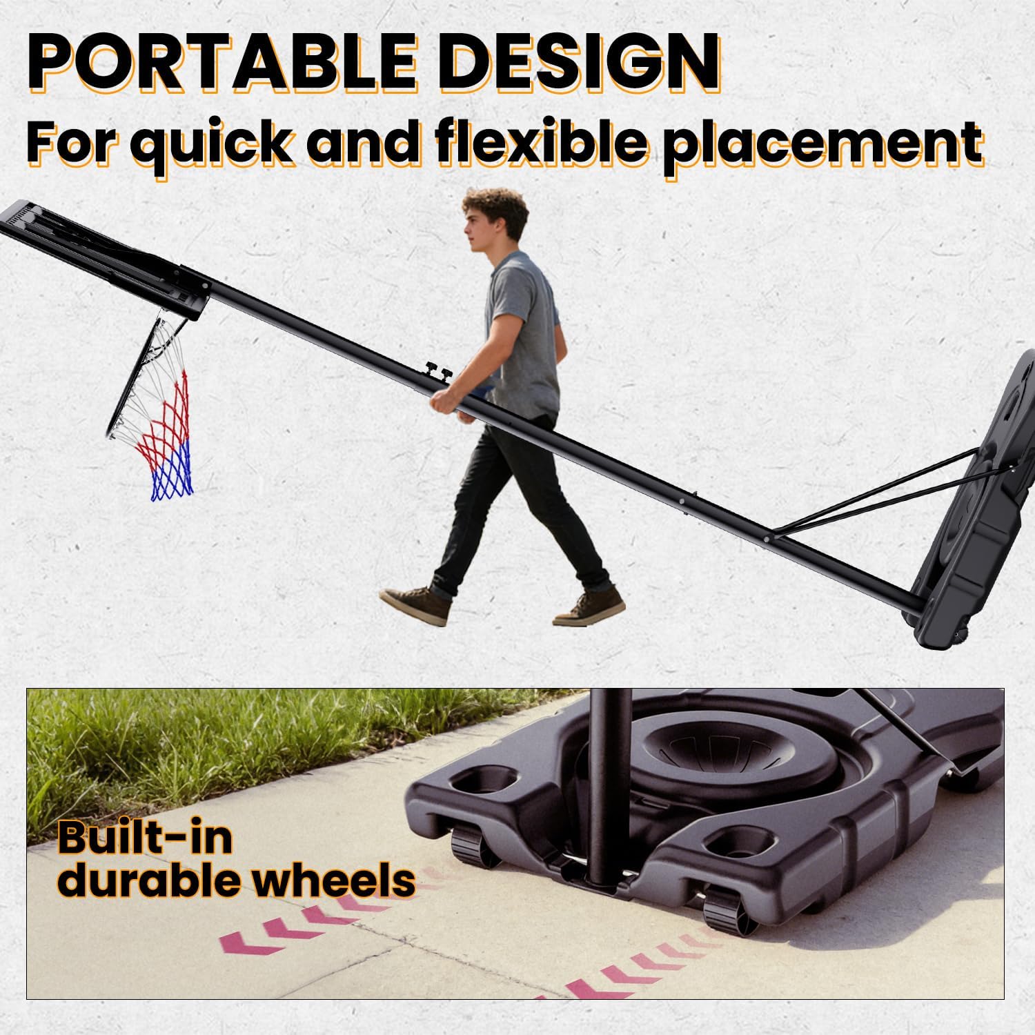 Adjustable Basketball Hoop 6–10FT, 44” Portable Outdoor Basketball Goal System with Large Fillable Base, Wheels, Shatterproof Backboard for Kids Teens Adults