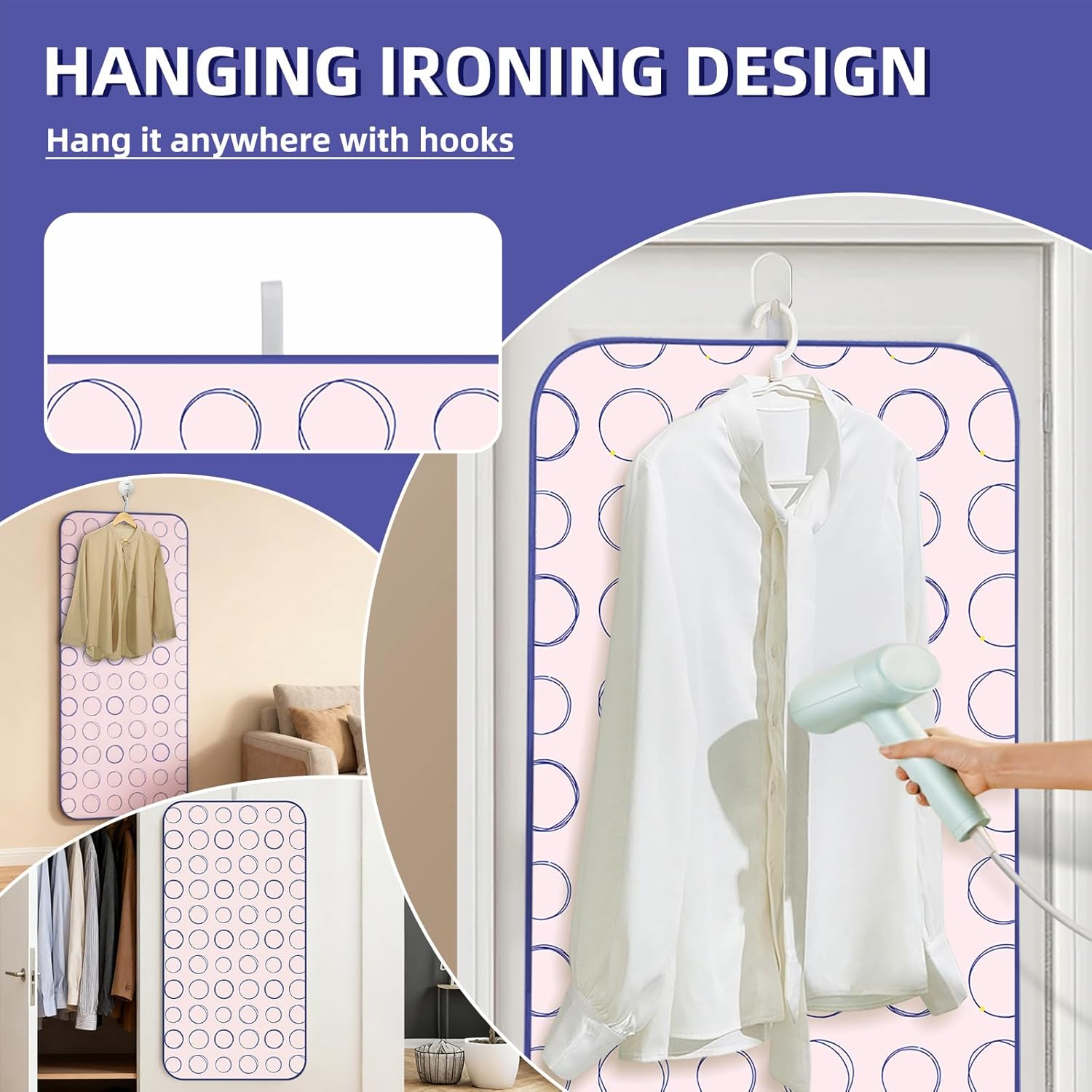 Foldable Ironing Mat, Portable Hanging Ironing Pad with Silicone Iron Rest, Heat Resistance Ironing Pad Cover for Washer, Dryer, Table Top, Countertop (Pink)