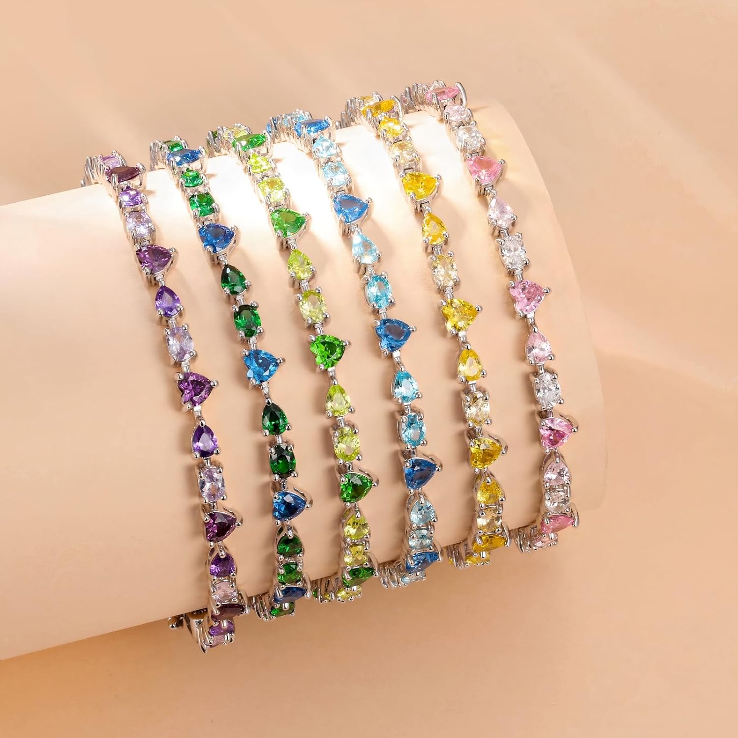 FANCIME 'Dawn' Tennis Bracelets Sterling Silver Colorful Oval Heart Teardrop CZ Bracelets Fine Jewelry Birthday Gifts for Women 7.2"