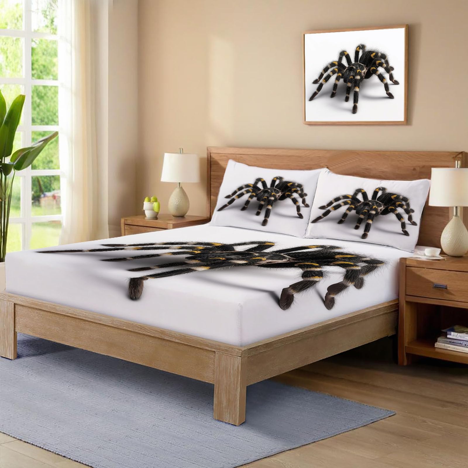 Sábanas 200X190/200Cm - Juego De Sábanas 3 Piezas Estampadas Araña 3D - Microfibra Suave Transpirable - Sábana Bajera Ajustable - Ropa De Cama Vida Salvaje (Crema)