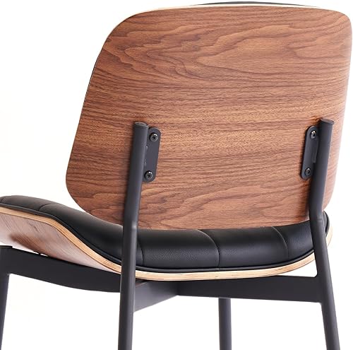 Miniatura 6 de Sillas de comedor modernas de mediados de siglo con respaldo de grano de nogal, sillas de comedor de piel sintética negra, juego de 2, sillas de