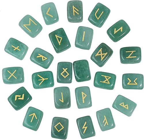 Nupuyai Juego de piedras de runa de aventurina verde natural, cristal pulido de brujas con alfabeto rúnico Futhark de élder grabado para meditación