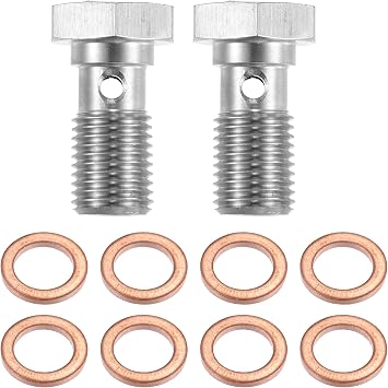 X AUTOHAUX 2pcs Stainless Steel AN3 3/8-24 Thread Turbo Brake Line Banjo Bolt with Copper Washers Single Banjo Bolt 20mm Length