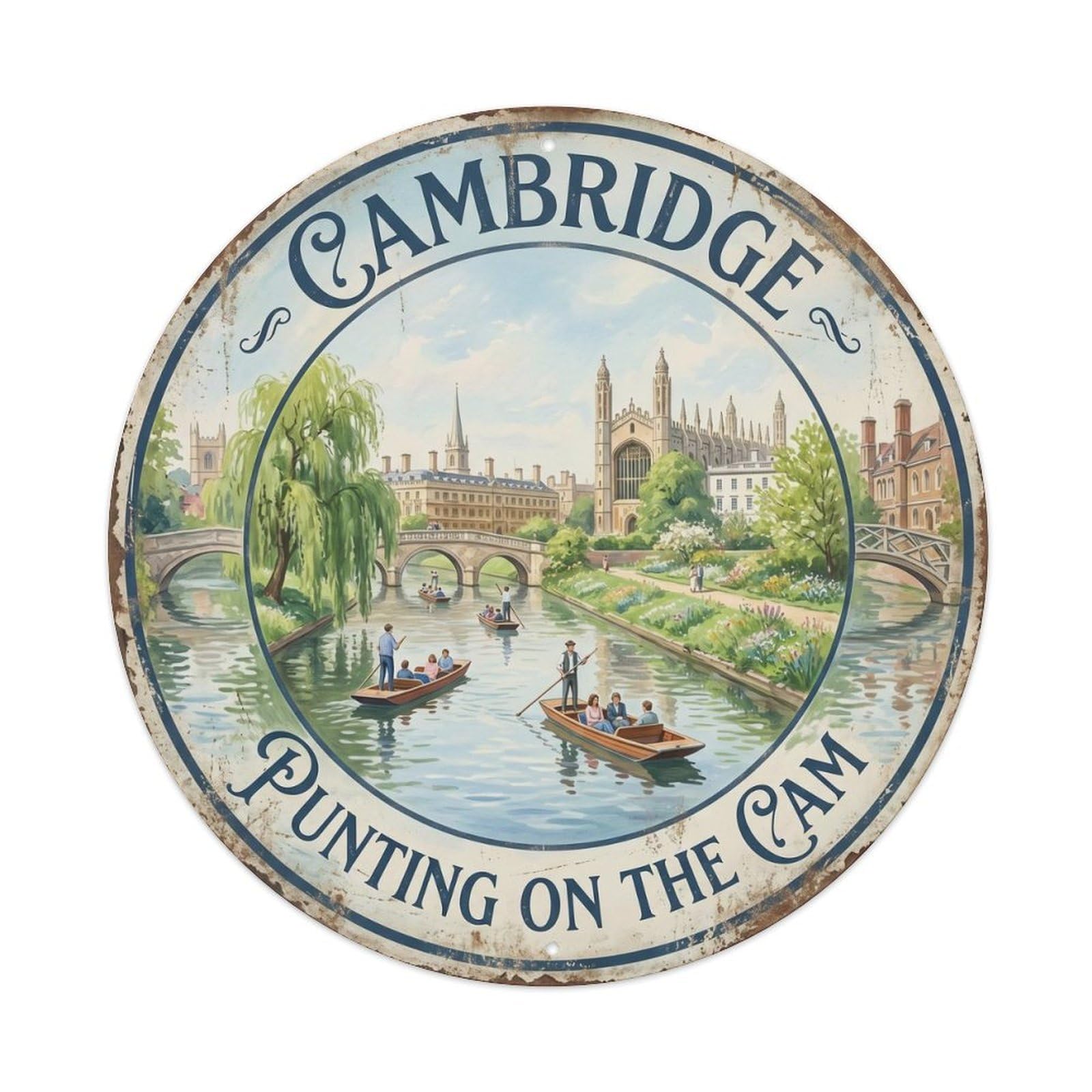 Cmhok Vintage Style Vintage Travel Cambridge River Cam Metal Tin Sign Plaque Wall Decor For Cafe, Club, Garden Round Metal Poster 8X8inch
