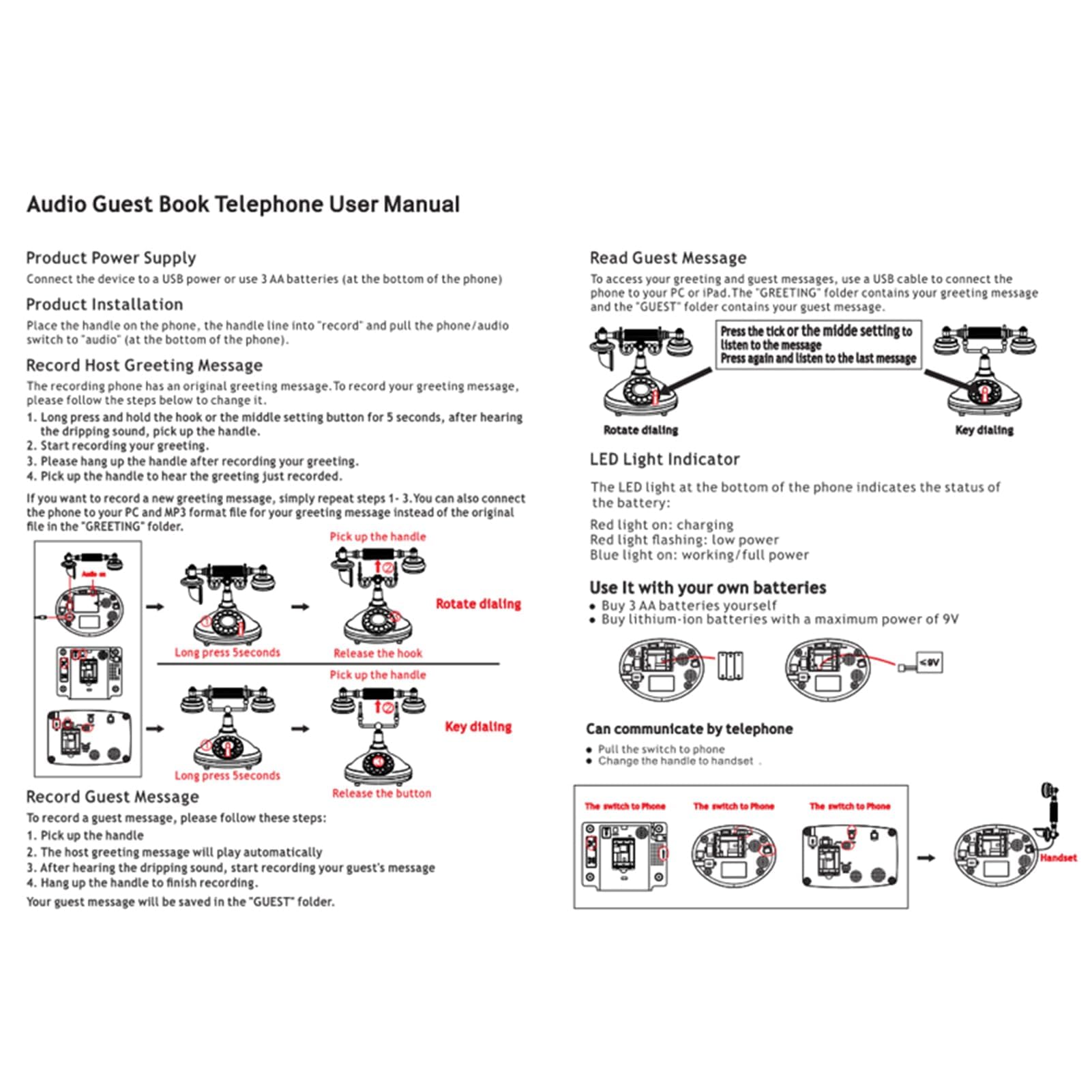 Libro Degli Ospiti Audio Telefono Per Matrimoni, Registrazione In Stile Retrò Classico Messaggi Audio Personalizzati Libro Degli Ospiti Per Feste Compleanni Noleggi Confessioni Occasioni Spec(Color:B)