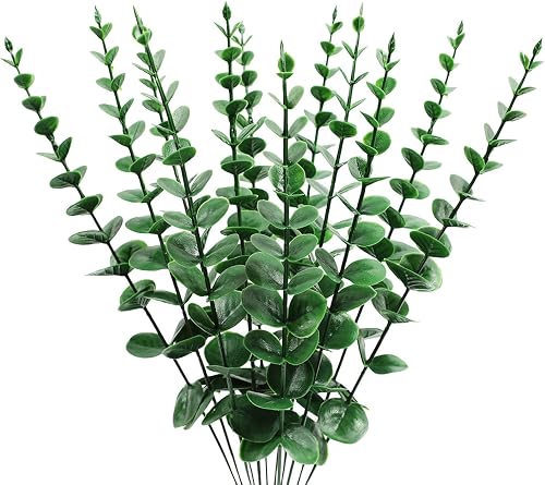 ABAJI Plastic Eucalyptus Deep Green Stems 12 Fake Faux Decorations Artificial Leaves Greenery Plant Leaf Home Office House Table Desk Decor Wedding Party Vase Forever Live