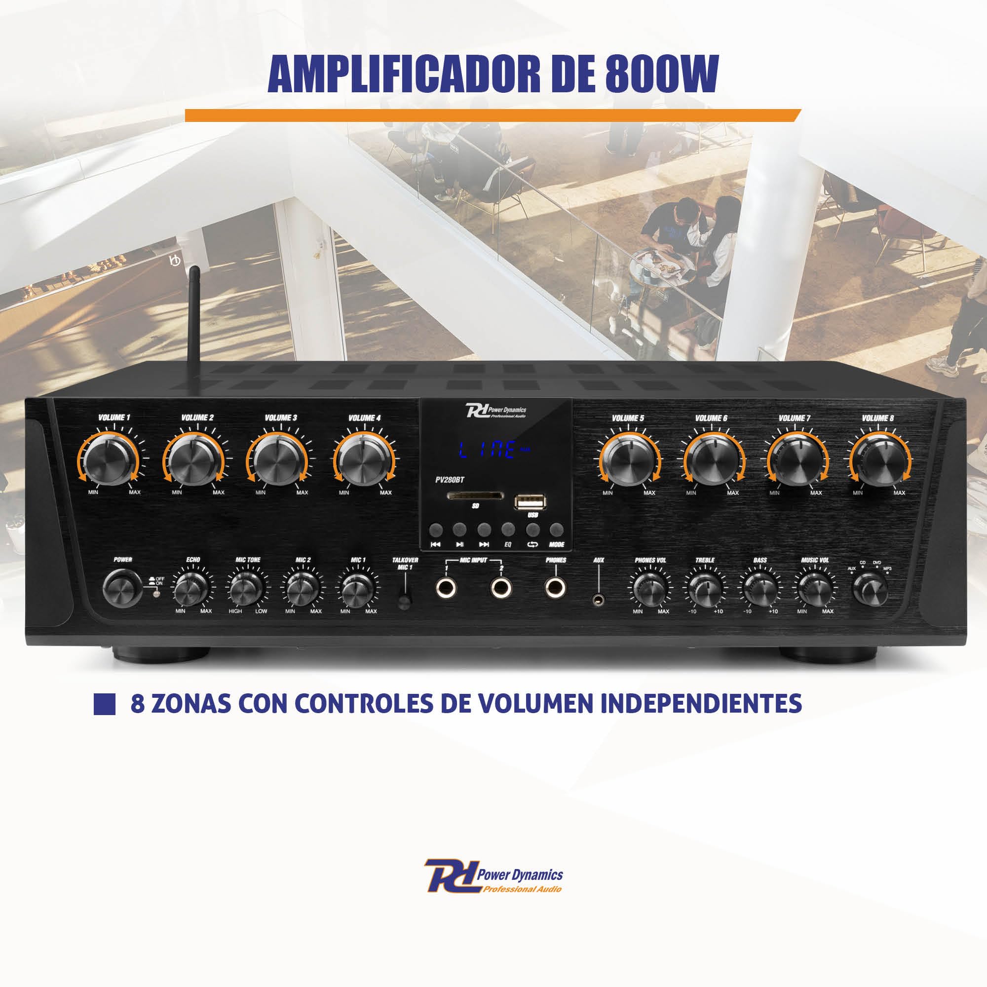Power Dynamics PV280BT Amplificador de Audio multizona de 8 Zonas y 100 W, Amplificador multihabitación con Bluetooth, Reproductor MP3 USB/SD, Entrada óptica, Amplificador de Audio doméstico