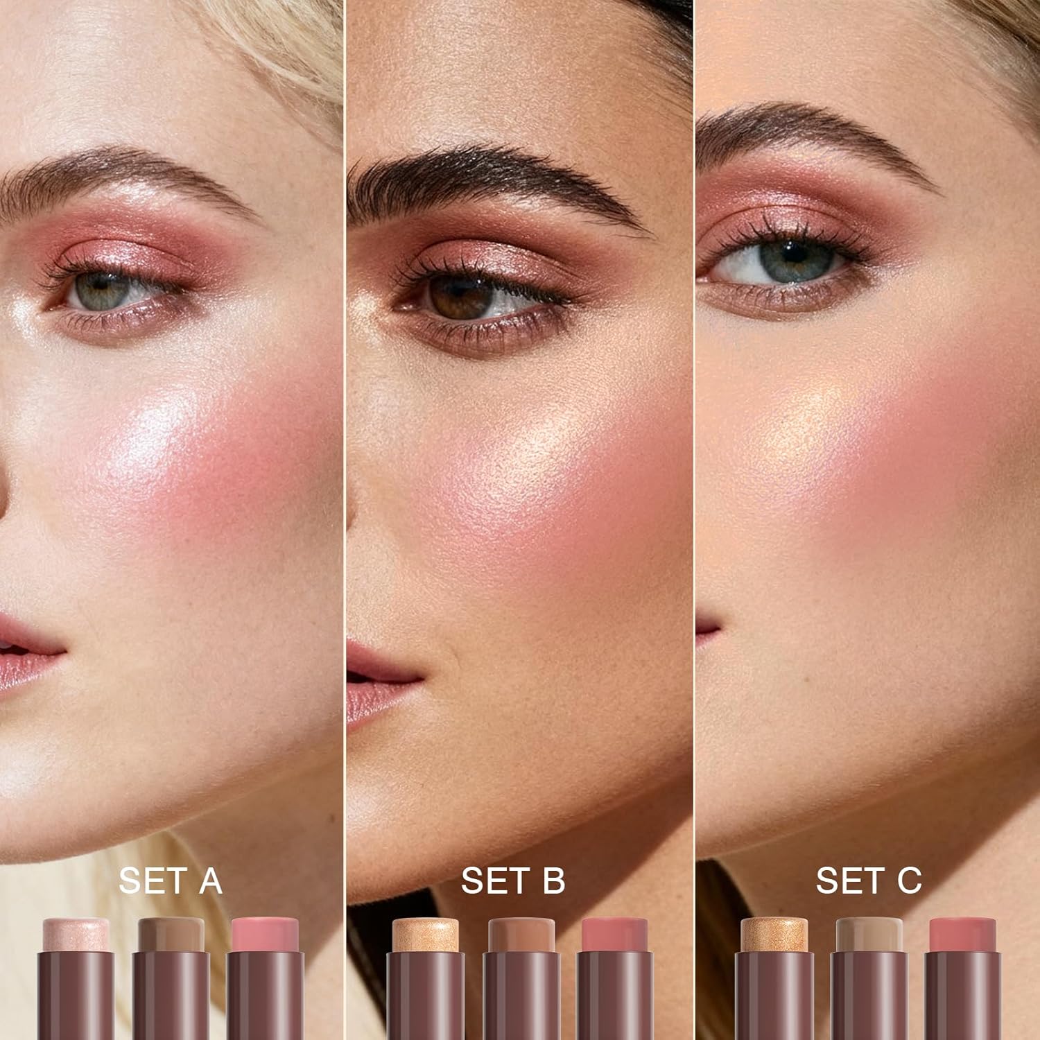 3Pcs Cream Contour Sticks, Shades with Highlighter & Blush & Bronzer Stick, Makeup Contour Stick Set for Sculpt the Cheeks Long Lasting Dewy & Matte Finish Lightweight LIGHT MEDIUM (SET-B) - Image 5