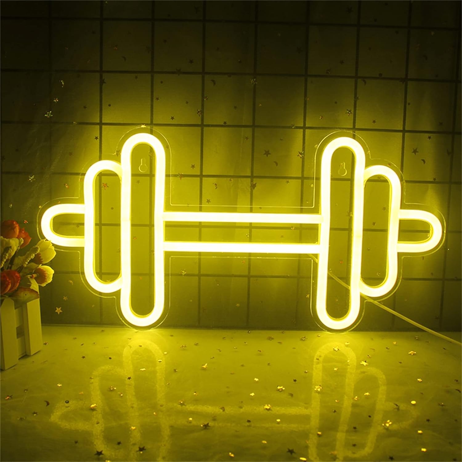 Mancuerna LED de neón con barra de señalización, fuente de alimentación USB montada en la pared con interruptor de encendido/apagado acrílico neón para gimnasio, club, luz nocturna, 40 x 20 cm