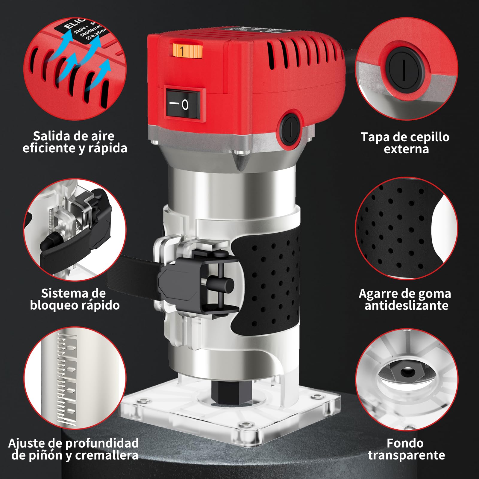 Fresadora de madera 800 W, 6 velocidades variables, 6,35 mm, cortador eléctrico de madera con juego de 15 puntas de 1/4 pulgadas, 30000 RPM Rebajadora Eléctrica