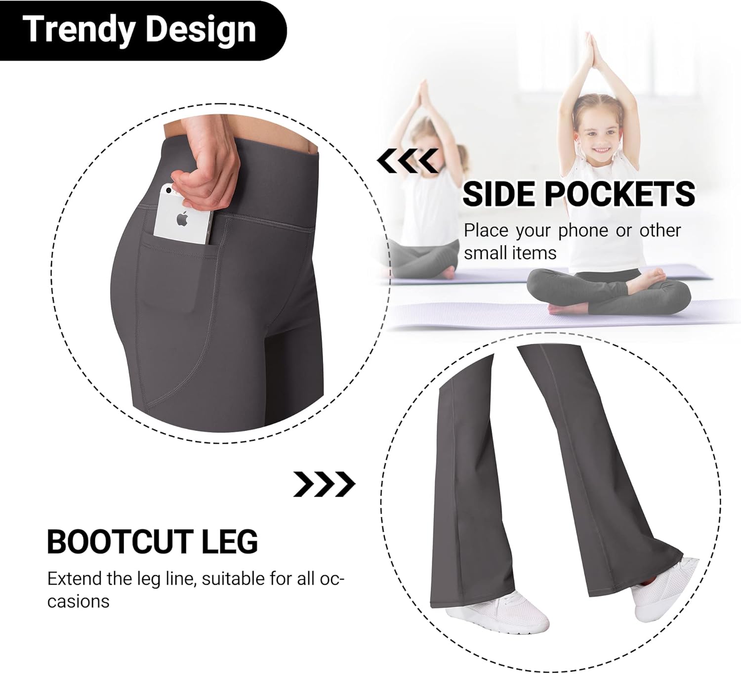 AENLLEY Girl Yoga Flare Wide Leg Tummy Control Stretchy Pants for Causal with Pockets 3 Pack - Image 5