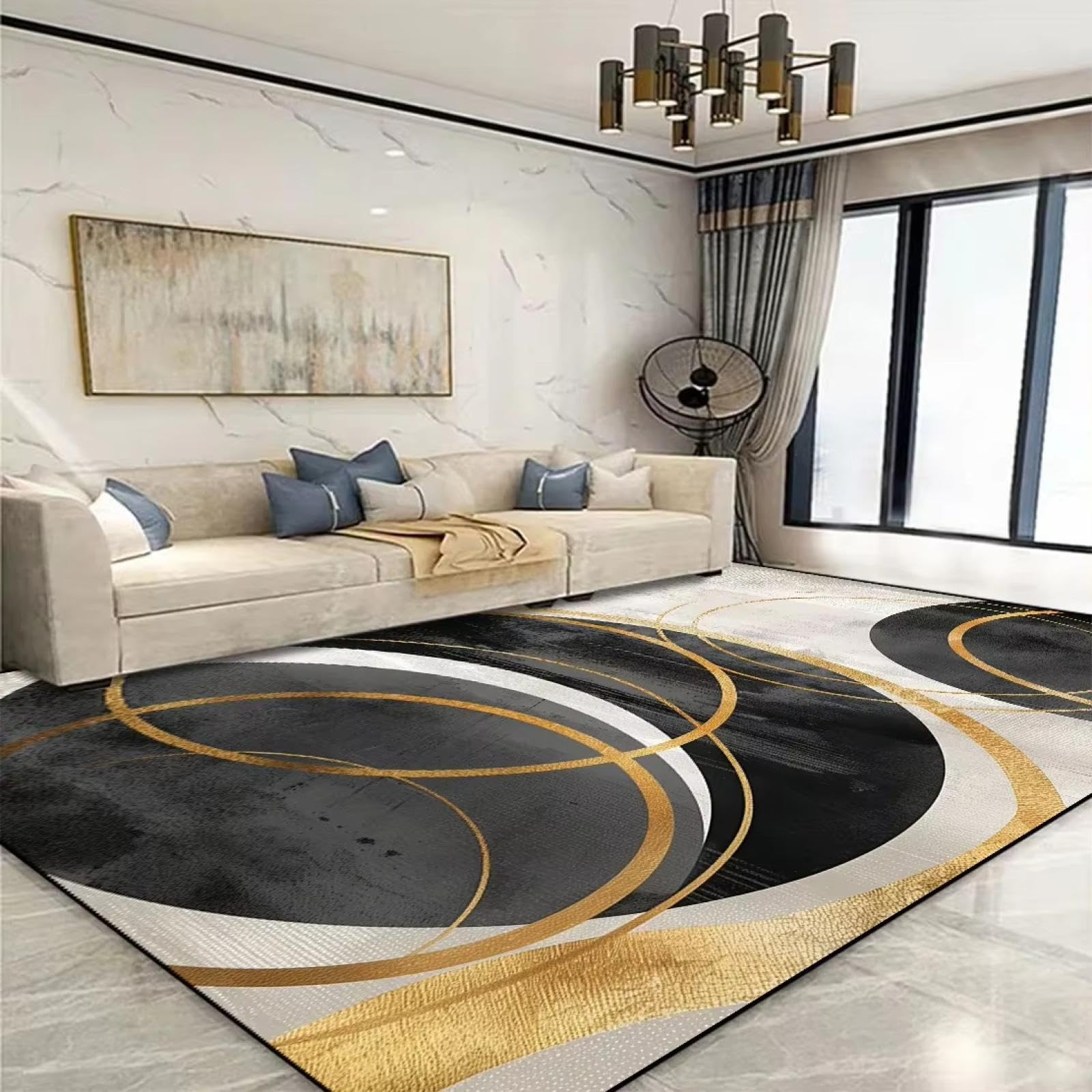 Tapis géométrique doré moderne pour salon chic et chambre cocooning de 60x100cm