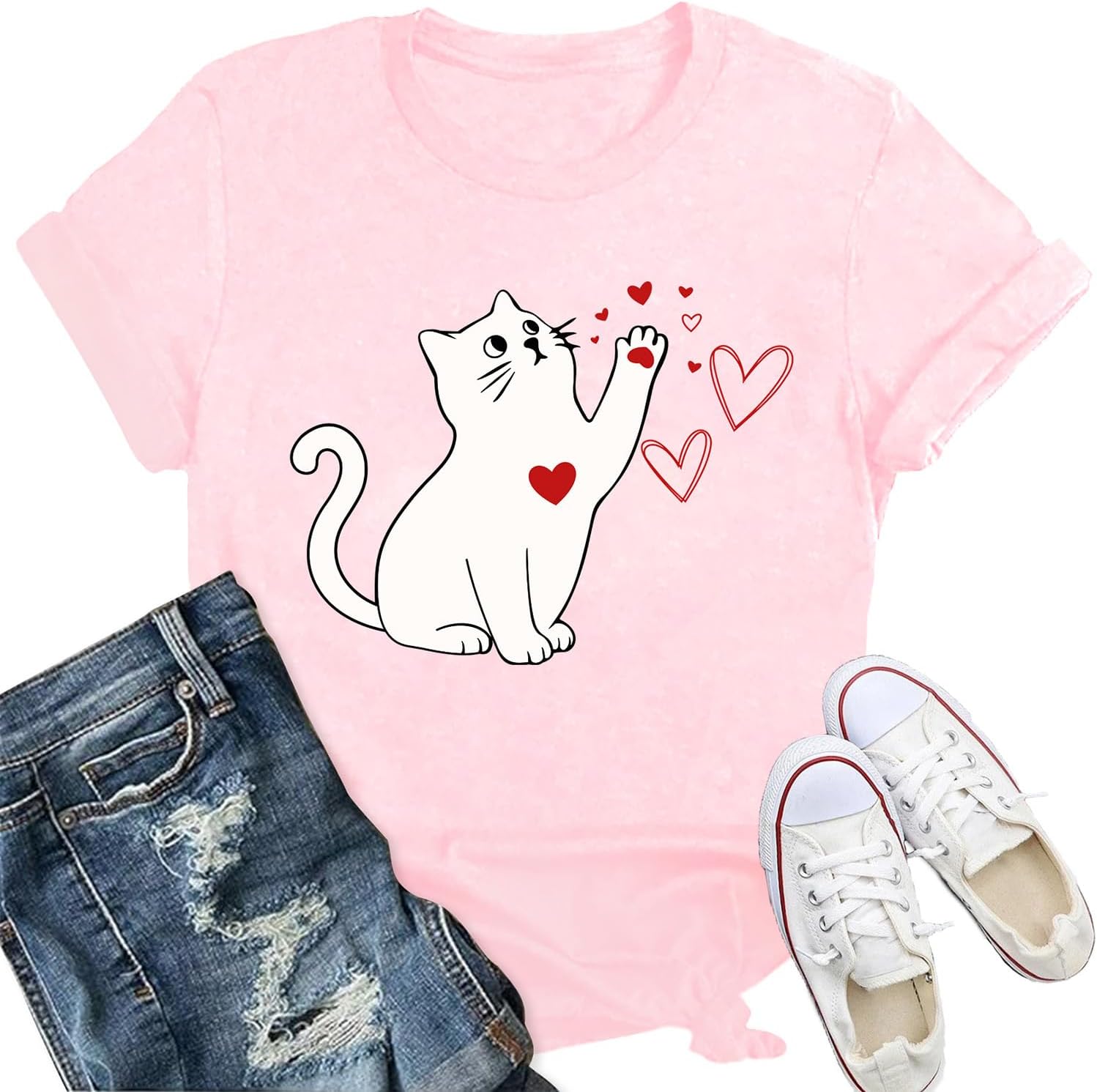 IFQ Valentines Day Shirts Women Cute Cat Pet Lover T-Shirt Love Heart Valentine Tee Tops