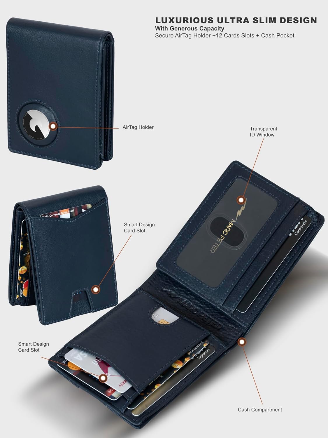 Marc Peter Airtag Wallet – Minimalist Front Pocket RFID Blocking Mens Wallet Full Grain Leather, Bifold AirTag Holder with 2 ID Window up to 14 Cards and Gift Box Nappa Navy - Image 3