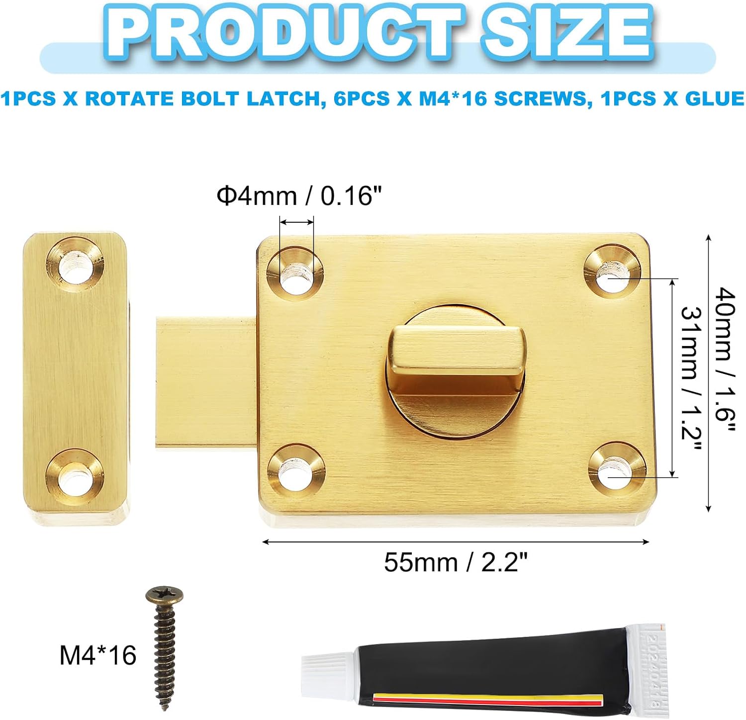 PATIKIL Rotate Bolt Latch, Inner Door Latch 180 Degree Safety Knob French Door Locks Sliding Inside Door Latch with Screws & Glue for Bedroom, Gold