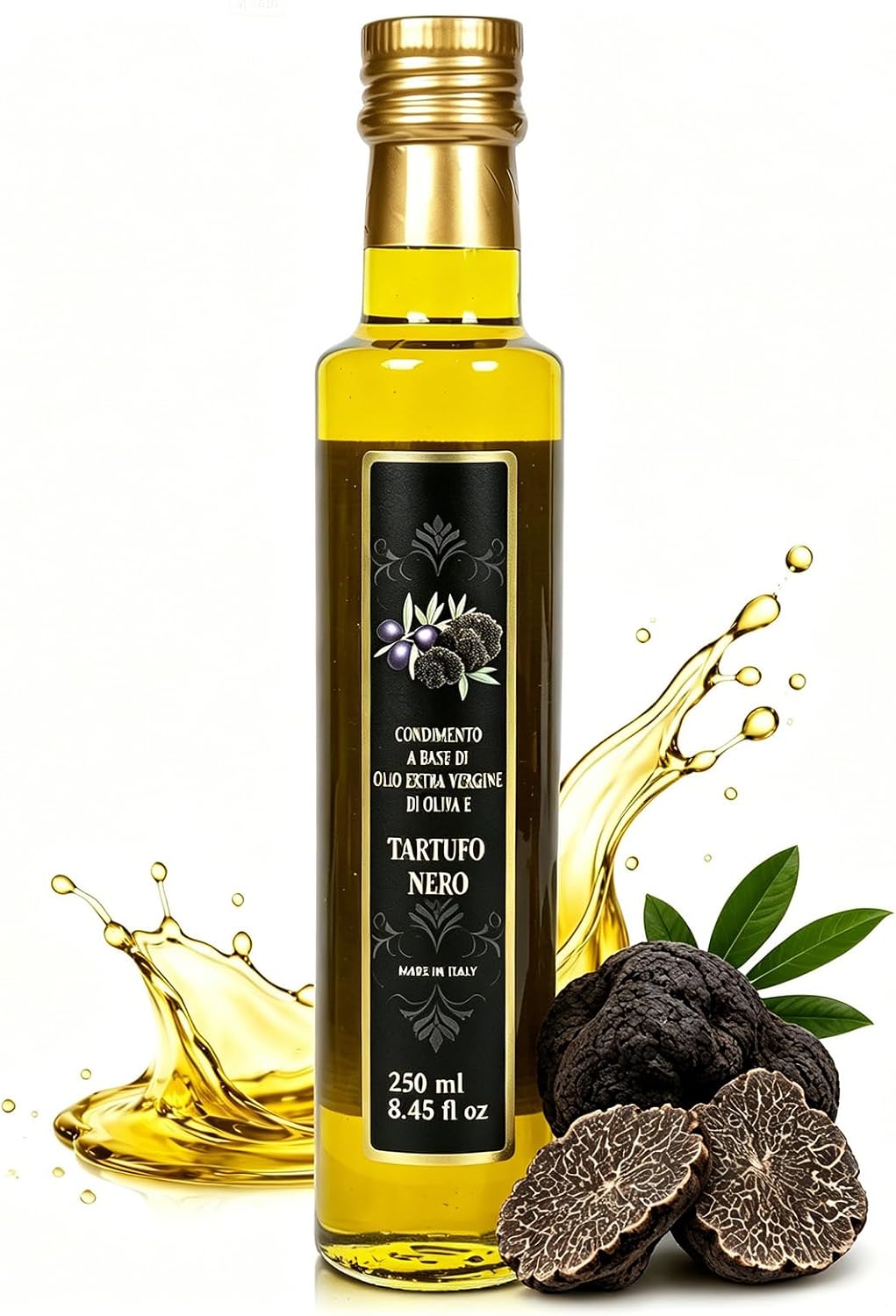 Italian Black Truffle Oil – 8.45 Fl Oz / 250 ML – 51% Extra Virgin Blended | 51% Extra Virgin Olive Oil Base, Premium Blended Black Truffle Oil for Pasta & Risotto, Natural Aroma in Glass Bottle