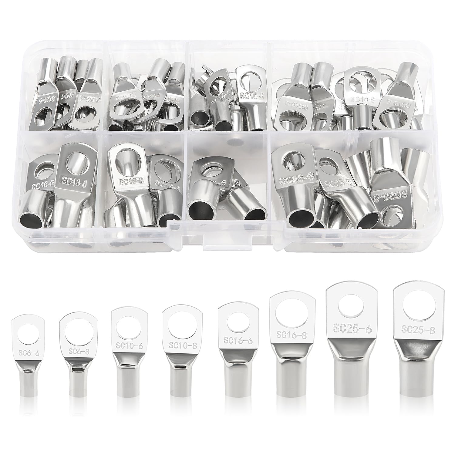 YIXISI 60 PCS M6/M8 Copper Tube Terminals Kit, Battery Cable Ends Terminals, for Electric, Auto, Silver