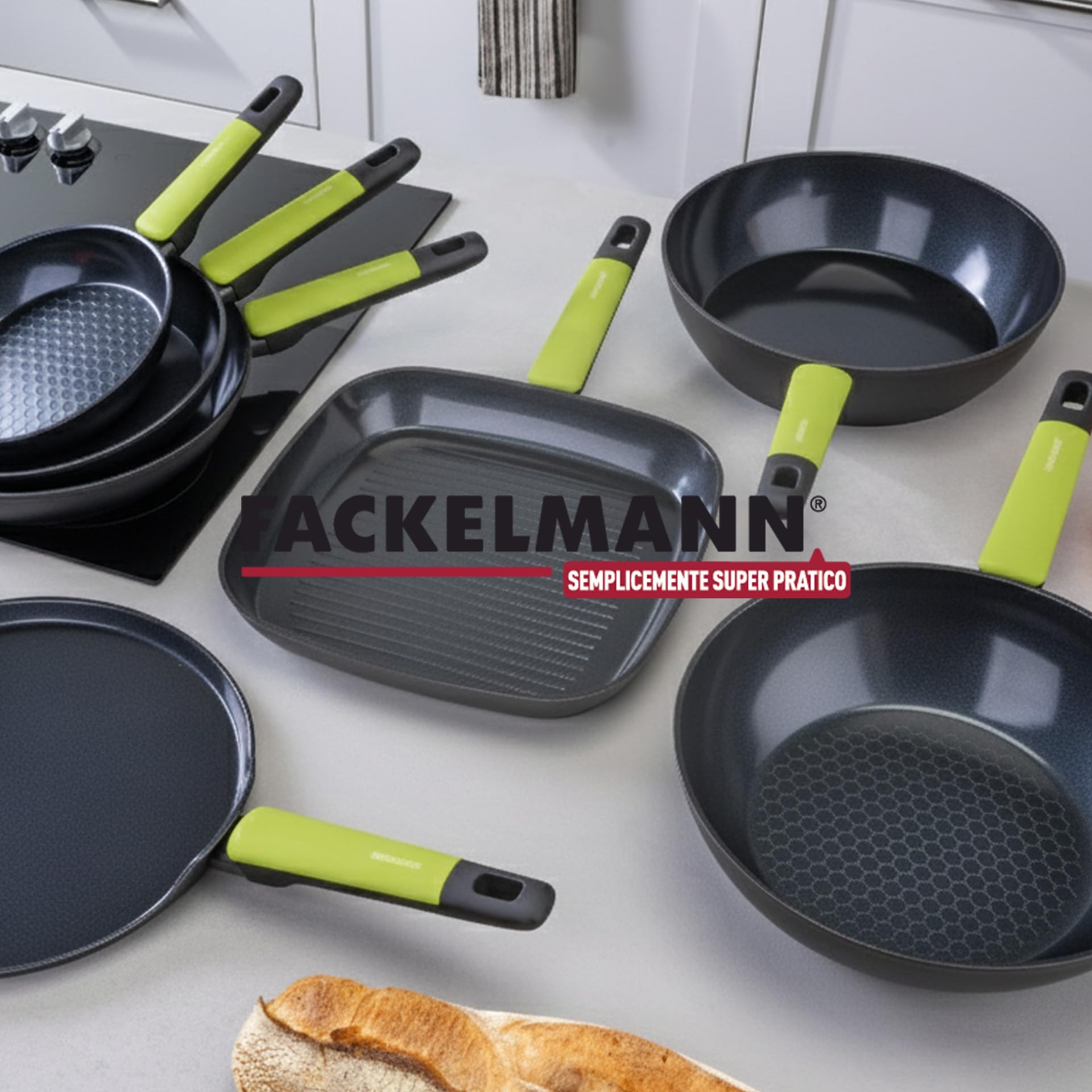 Fackelmann Set di Padelle Antiaderenti PFAS Free, Set Cucina con 3 Padelle Grandi e Medie e 1 Pentolino Casseruola per Salse, Fondo da 4 mm per Piani Cottura a Induzione e Gas, Linea Oliva