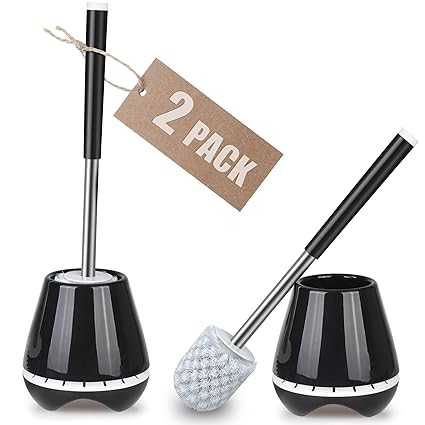 Toilet Bowl Cleaning Brush and Holder Set -MEXERRIS Toilet Brush with Holder Stiff Bristle with Stainless Steel Handle, Toilet Bowl Brush for Bathroom Storage Organization Black,2 Pack