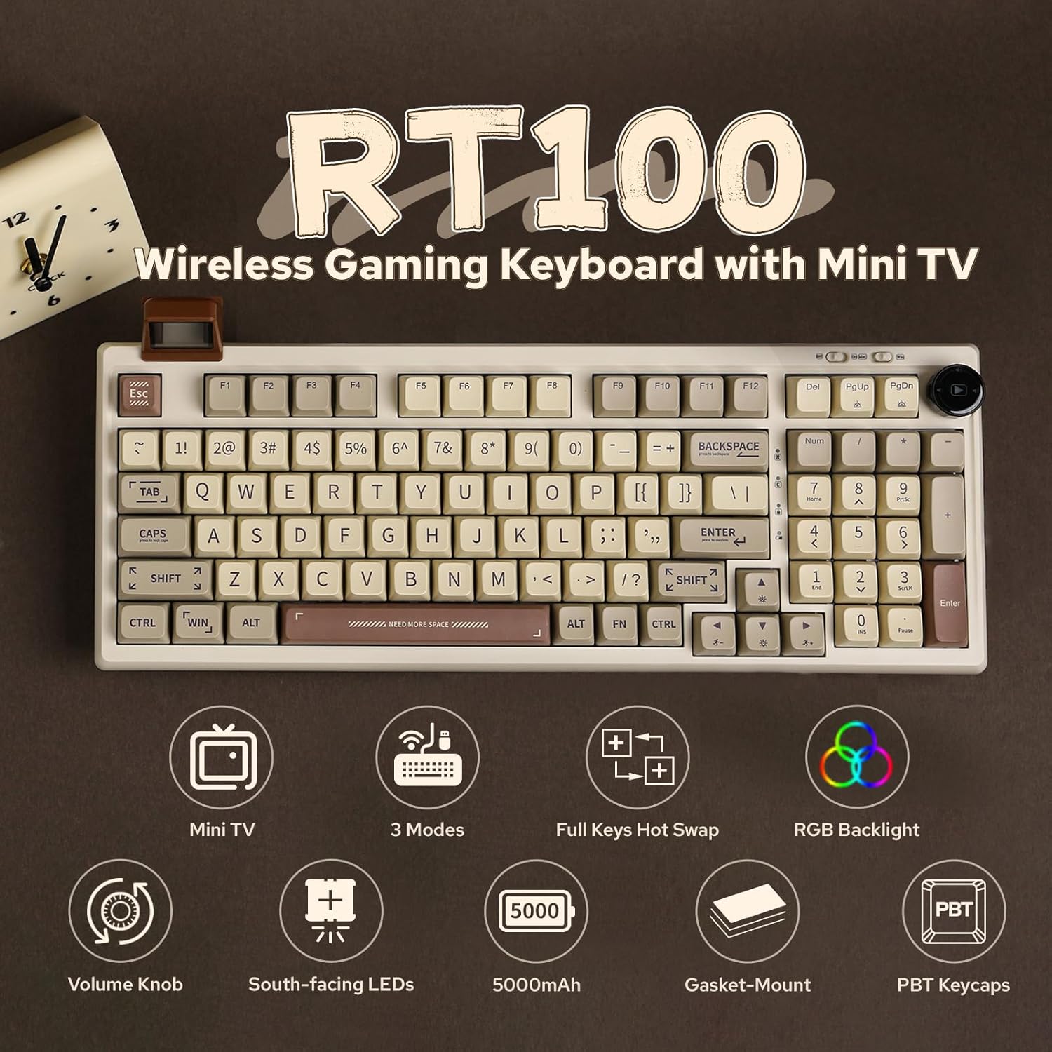 EPOMAKER RT100 Retro Gaming Keyboard with Display Screen, BT5.0/2.4G/USB-C, 97 Keys Gasket Custom Keyboard, Hot Swappable, RGB Backlit, with Knob for Win/Mac (Gateron Pro Yellow) - Image 2
