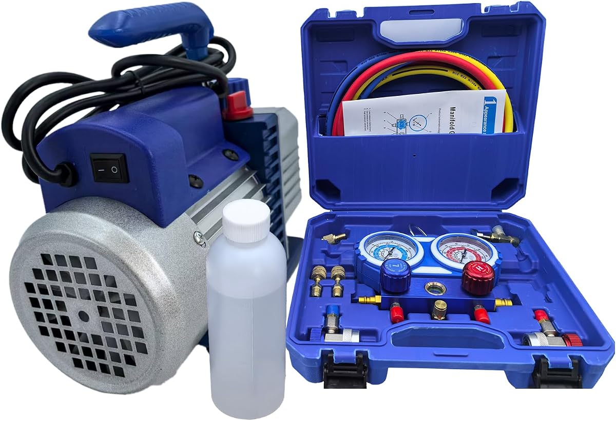 AC Vacuum Pump and Gauge Set, 1/4 HP 3.5 CFM Vacuum Pump Manifold Gauge Kit with 3 Hoses Adapters & Accessories for R134a R12 R22 R502, A/C Vacuum Pump Kit for Auto HVAC Systems