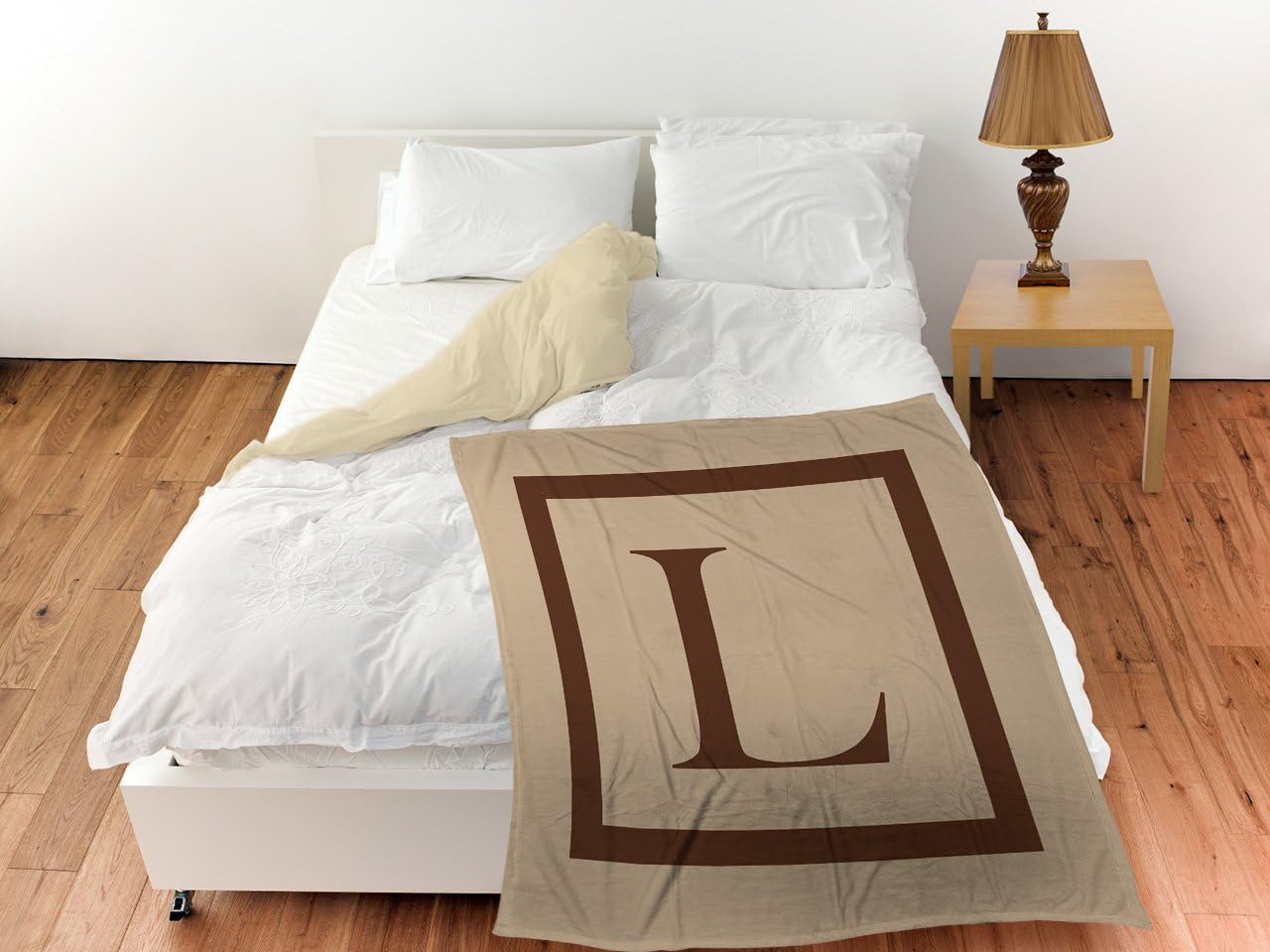 Manual Woodworkers & Weavers Coral Fleece Throw, 30 by 40-Inch, Monogrammed Letter L, Caramel Classic Block