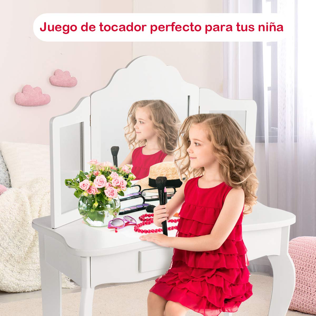 COSTWAY Tocador con Taburete y Espejo para Niña de MDF y Madera Mesa de Maquillaje con Cajón 70x34x103 centímetros (Blanco)
