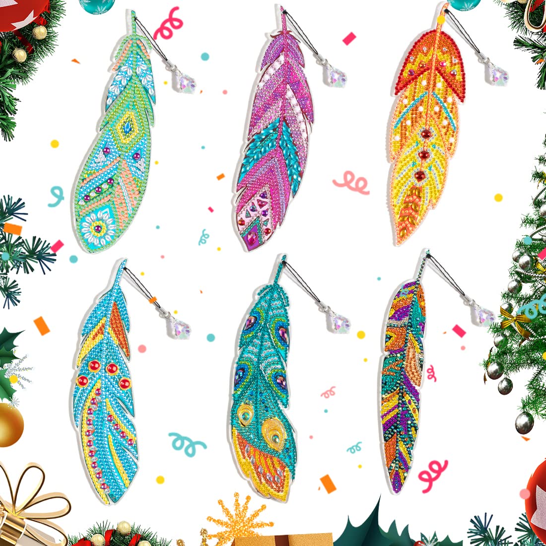 6 Pcs Diamond Painting Bookmarks DIY Feather Bookmark Crystal Pendant Bookmark for Home Office School,5D Diamond Painting Beginner Arts Crafts Gifts (1 mm Portable Version)