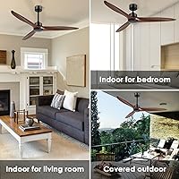 Vista 7 de WINGBO 60 Inch DC Ceiling Fan without Lights, 3 Reversible Carved Solid Wood Blades, 6-Speed Noiseless DC Motor, Ceiling Fan No Light with Remote