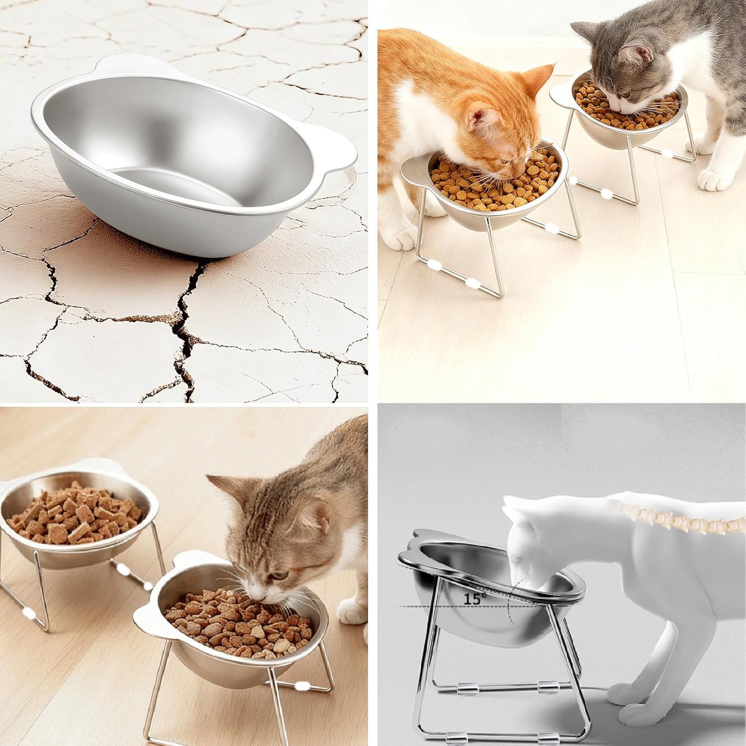 2 Pack Elevated Pet Bowls for Small Cats and Dogs: 15° Tilted Anti-Vomiting Stainless Steel Raised Dishes, 5.9” Whisker & Spine Friendly Indoor Food & Water Bowls