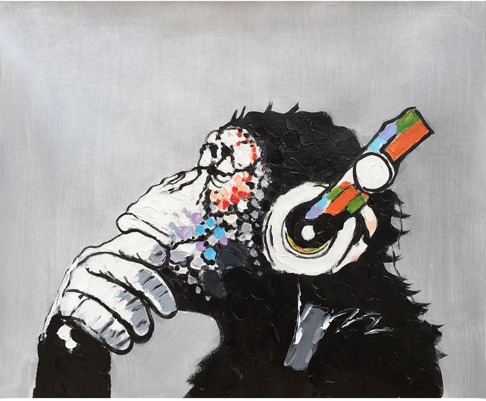 Modern Gorilla Monkey Music Hand Painted Oil Paintings on Canvas Home Decor Wall Art Modern Stretched and Framed Grace Artwork Ready to Hang for Living Room Decorations