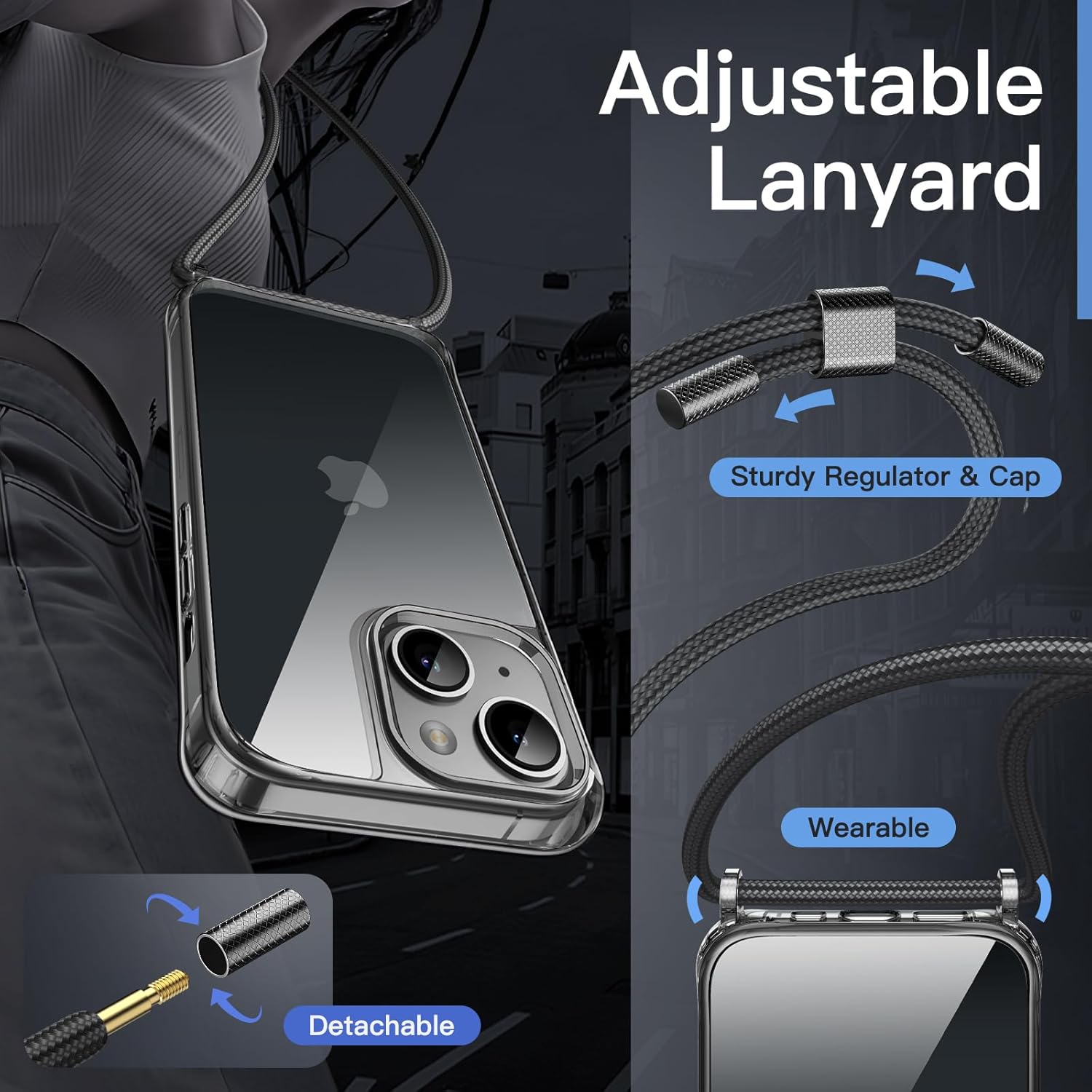 JETech Crossbody Case for iPhone 14 6.1-Inch with Adjustable Lanyard Strap, Clear Transparent Anti-Yellowing Shockproof Protective Phone Cover with Neck Cord (Midnight) - Image 3