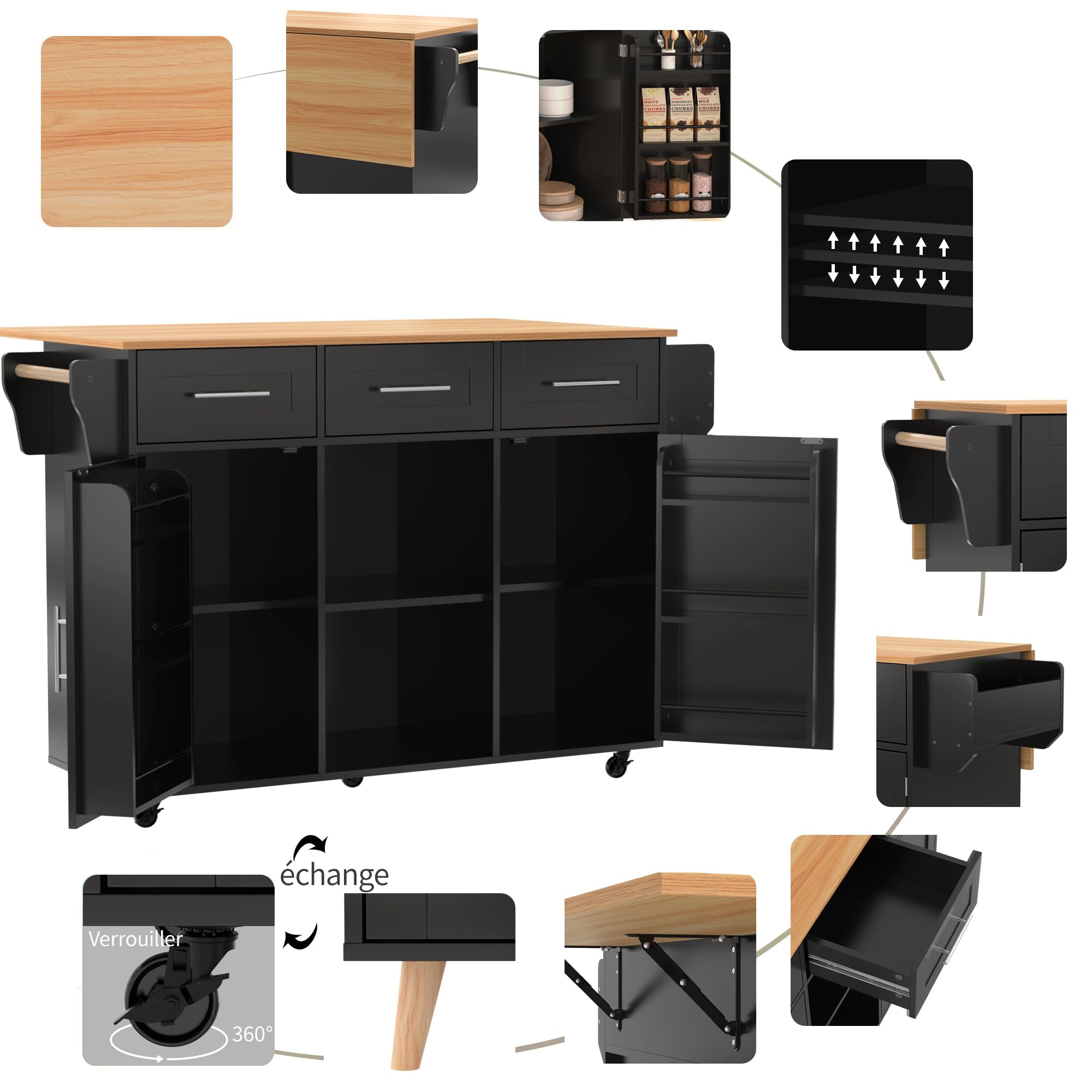 Isla De Cocina Móvil con Ruedas, Carro de Cocina con Mesa de Comedor Extensible, Mueble Auxiliar de Cocina con Estantes Ajustables, Estante para Especias y 3 Cajones,139x 46-71x91,5cm (Negro)