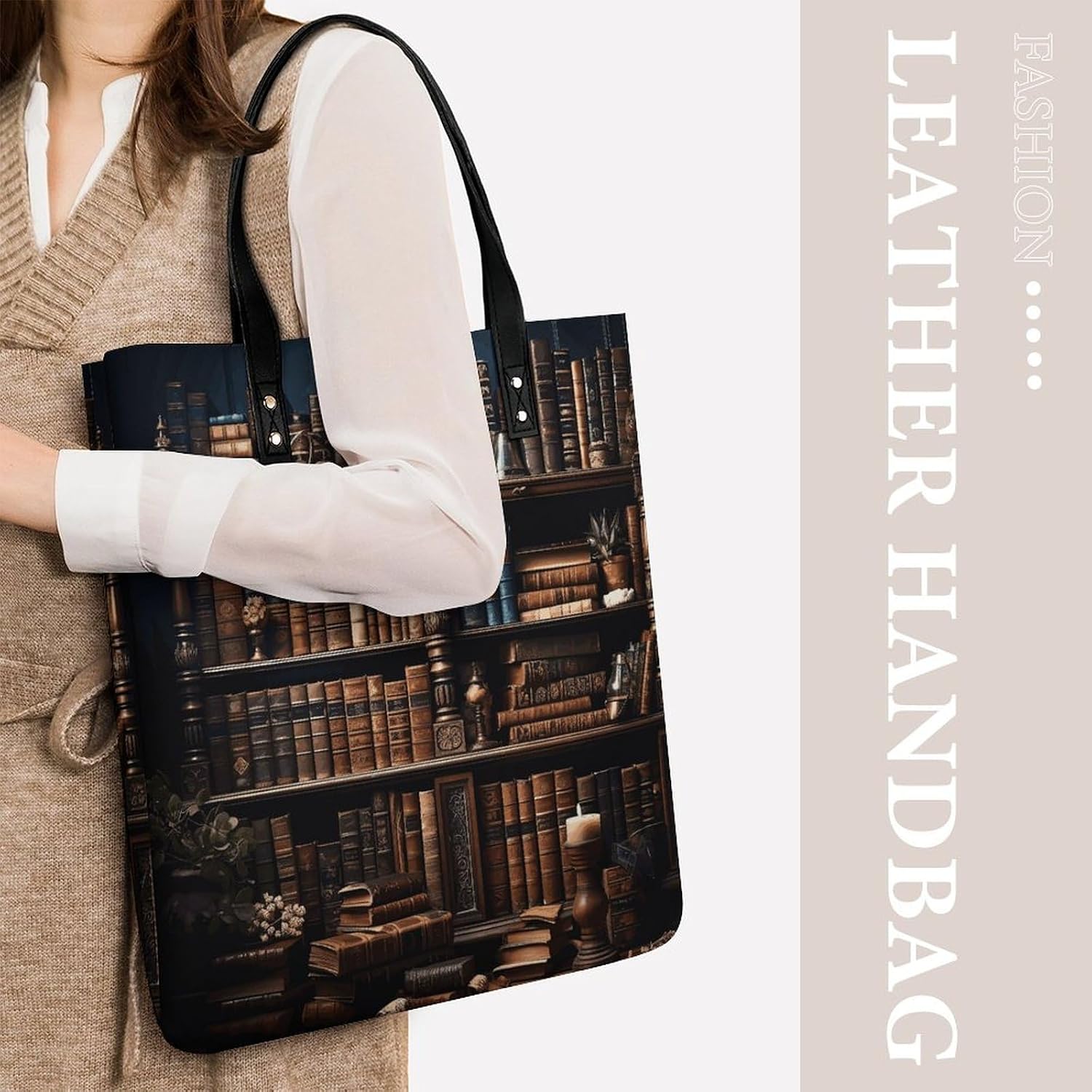 Books on The Bookshelf Handbags Large Capacity, Tote Bag Stylish Slouchy, Shoulder Bags for Work Beach Travel And Shopping Grocery.