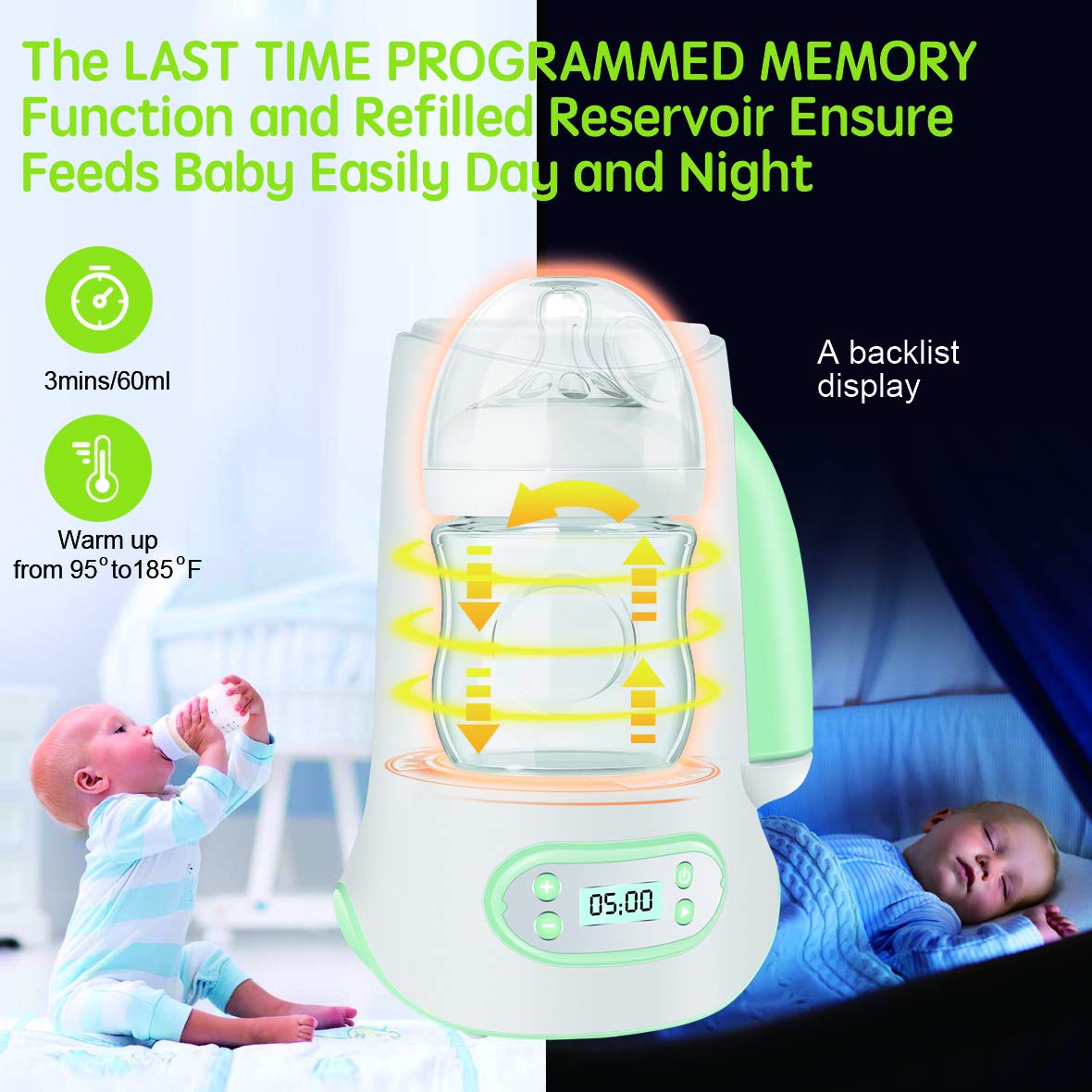 Bubos Baby Bottle Warmer illustrating the steam warming process and memory function