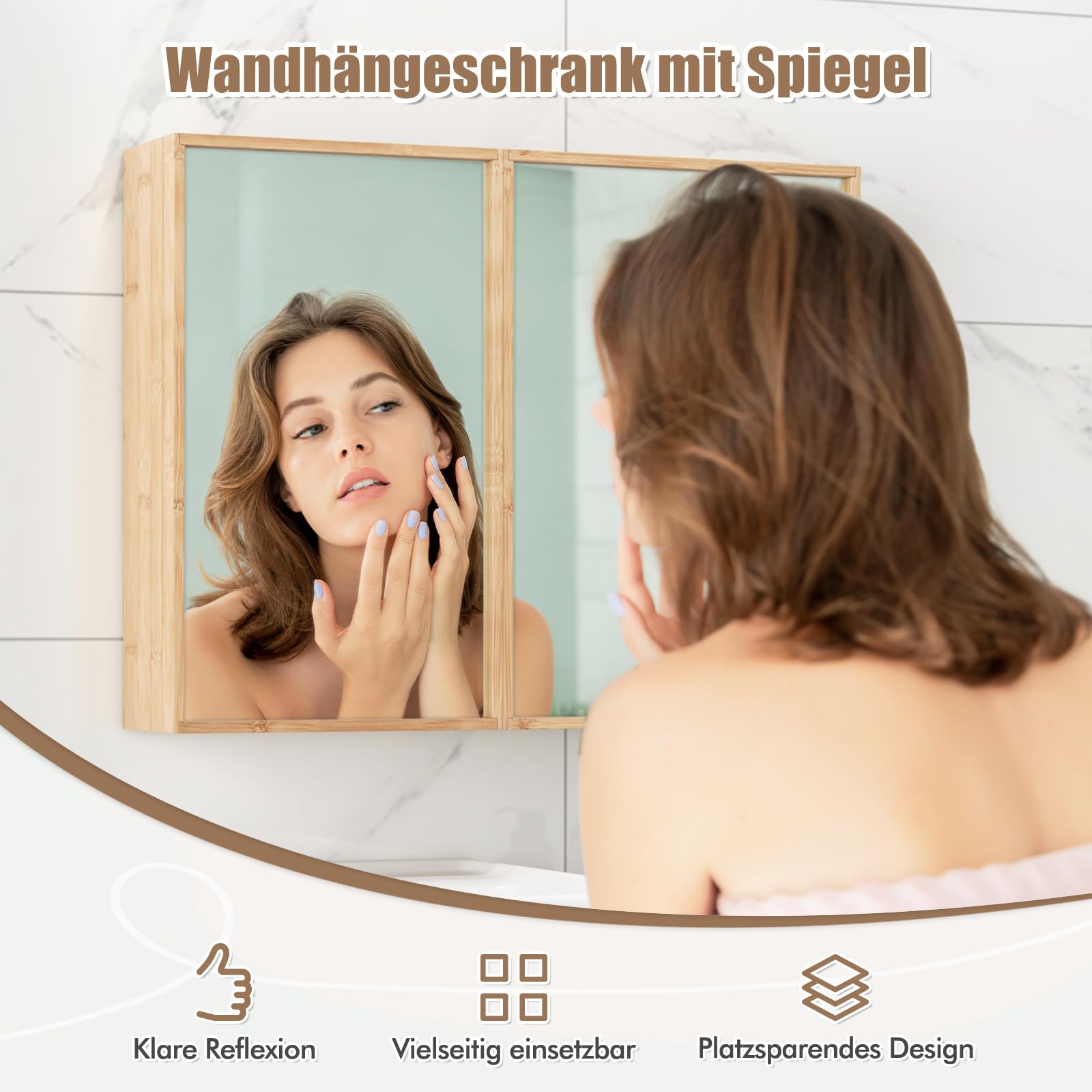 COSTWAY Bambus Spiegelschrank Bad, Badezimmerschrank mit Spiegel, Badezimmer Hängeschrank mit 2 Türen & 2 verstellbaren Regalen, Wandschrank für Badezimmer, Natur