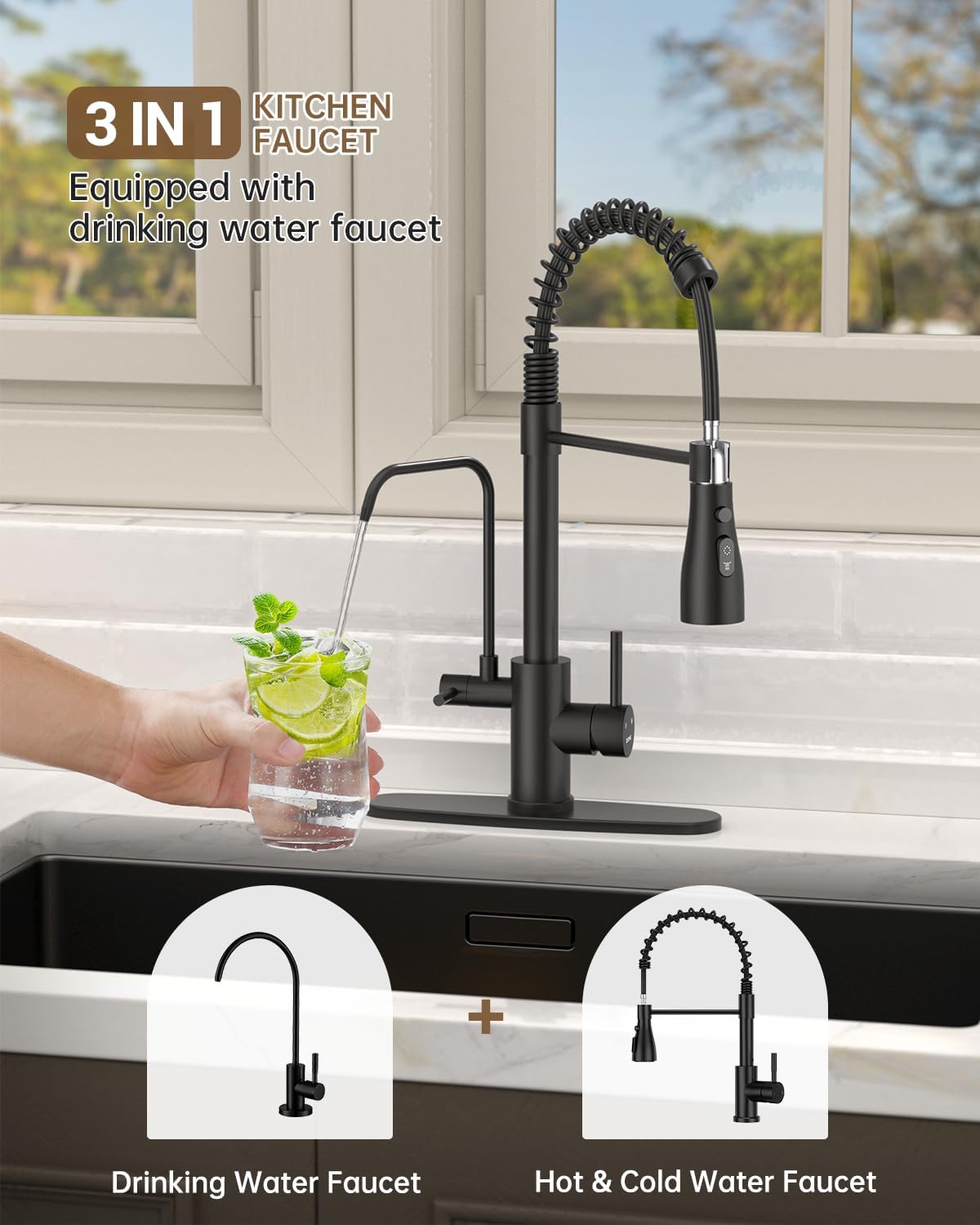 DAYONE Kitchen Faucet with Water Filter and Sprayer, 3 in 1 Pull Down Faucet with Purfied Water Faucet, 20 Inches High Arc Kitchen Water Filter Faucet, Matte Black (Without Filtration Device)